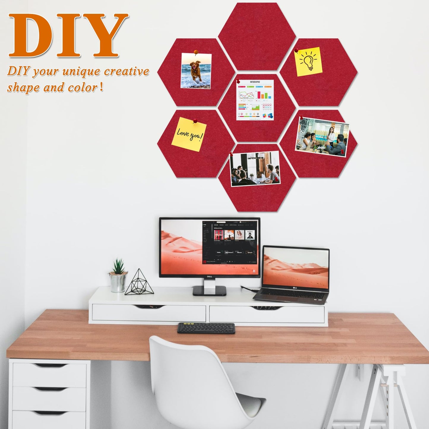HULAVO Large Hexagon Felt Cork Board Tiles, Self Adhesive DIY Felt Bulletin Board Pin Board with 35 Pushpins for Office School Home Wall Decor Stickers Memos Photos Display(Red)