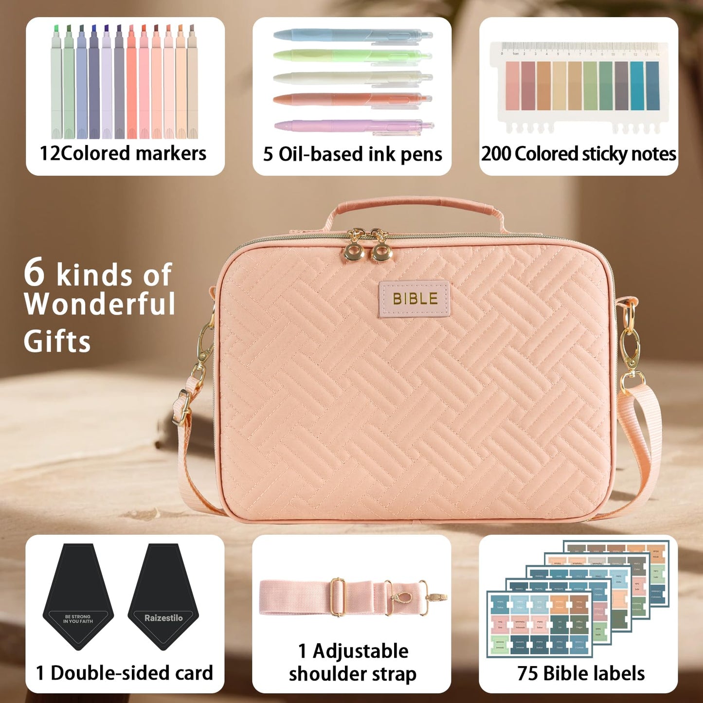 Raizestilo Bible Cover for Women Bible Case, Large Bible Bag, Bible Study Supplies Bible Journaling Kit Book Carrying Case with Bible Highlighters Tabs, Valentines Day Christian Gifts for Women（Pink