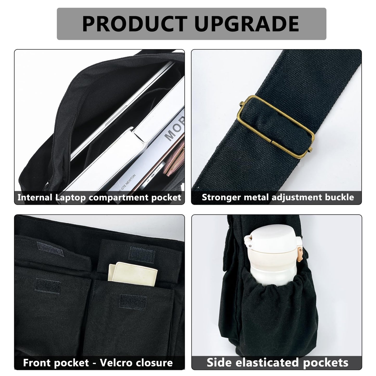 VODIU Canvas Messenger Bag Large Hobo Crossbody Bags for Women,Men, Shoulder Tote Handbags with Laptop Pocket Black