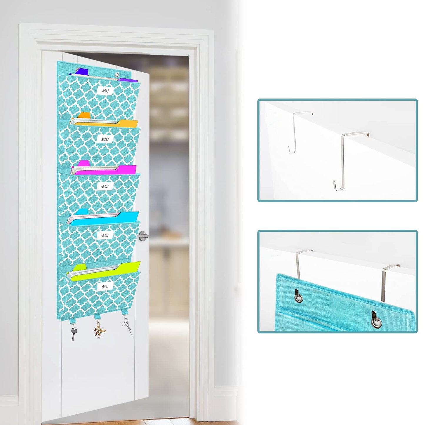 Over the Door File Organizer, Hanging File Folders, Wall Organizers and Storage for Mail, Magazine, Notebooks, Planners, Office, Classroom, 5 Extra Large Pockets, 50.39” Tall (Blue Lantern Pattern)