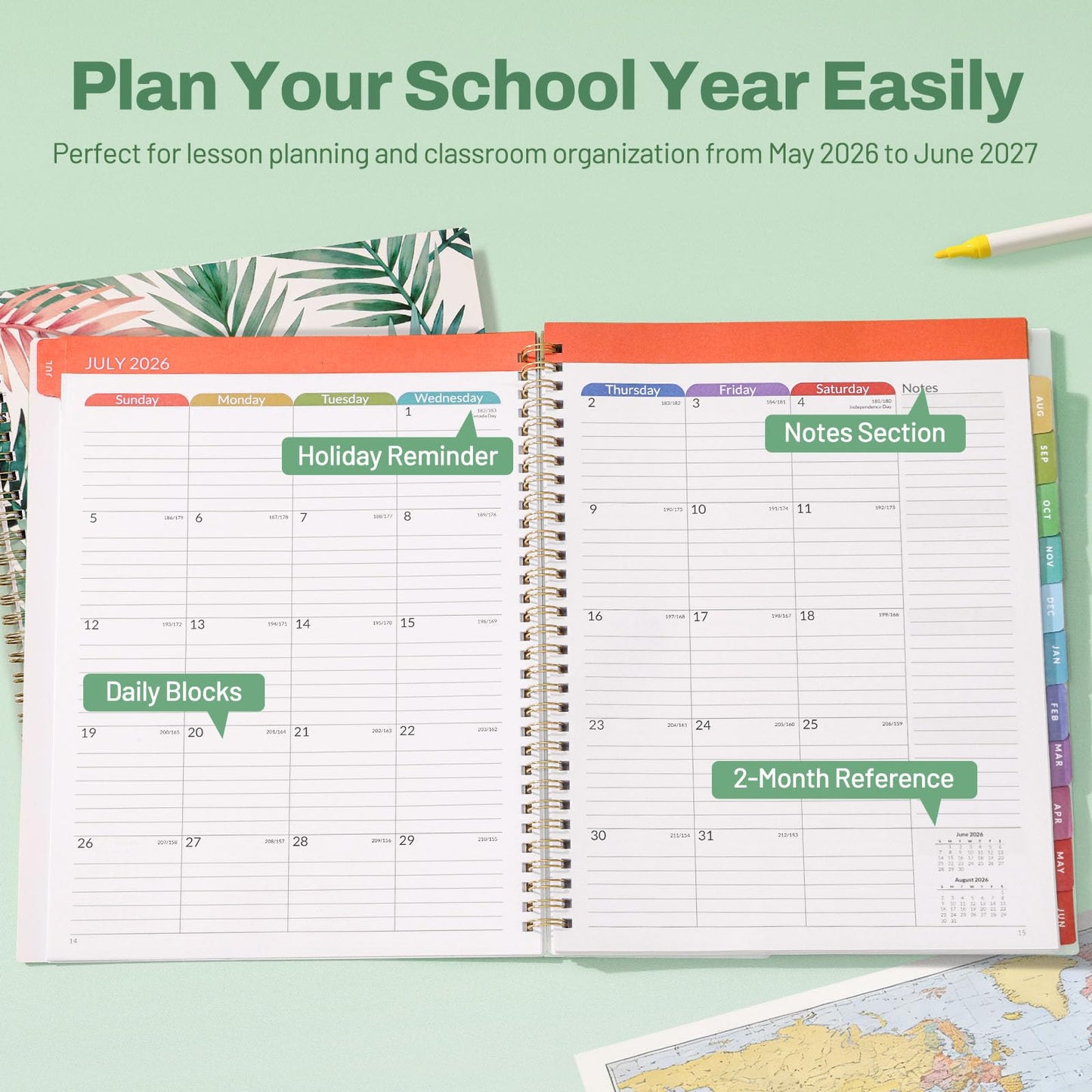 SUNEE Teacher Planner 2026-2027 Academic Year, 7 Periods Lesson Plan Book Jul 2026 - Jun 2027, 8.5"x11"Daily Weekly Monthly Organizers Horizontal Layout with Dated Calendars, Bookmark, Tabs, Palm Leaf