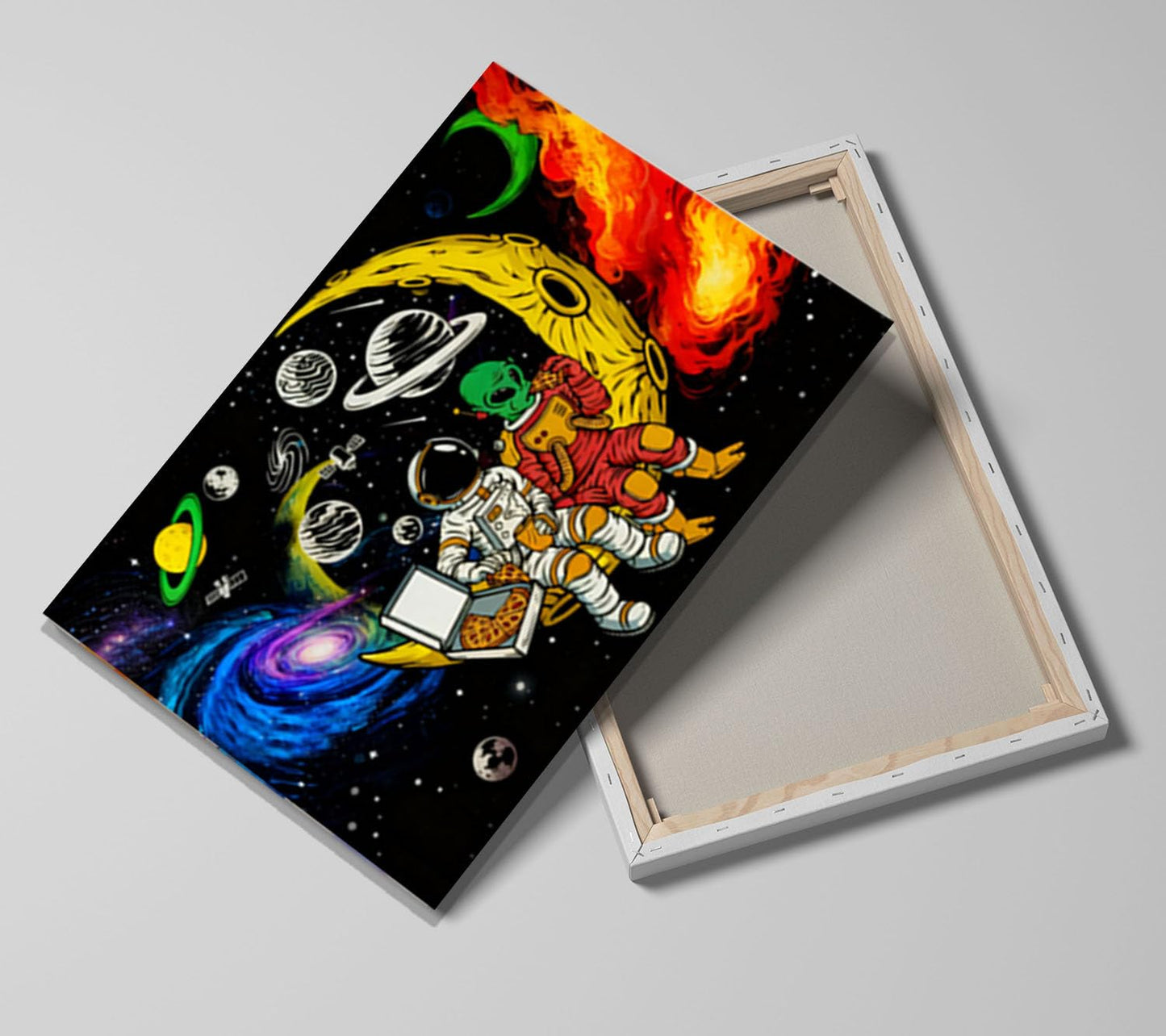 16x24 Space Astronaut Alien Pizza Party Canvas Wall Art Black Cosmic Prints Moon Planet Poster Home Framed Decor Kids Bedroom Fantasy Painting Teen Boy Room Funny Gift Picture Child Study Room Photo