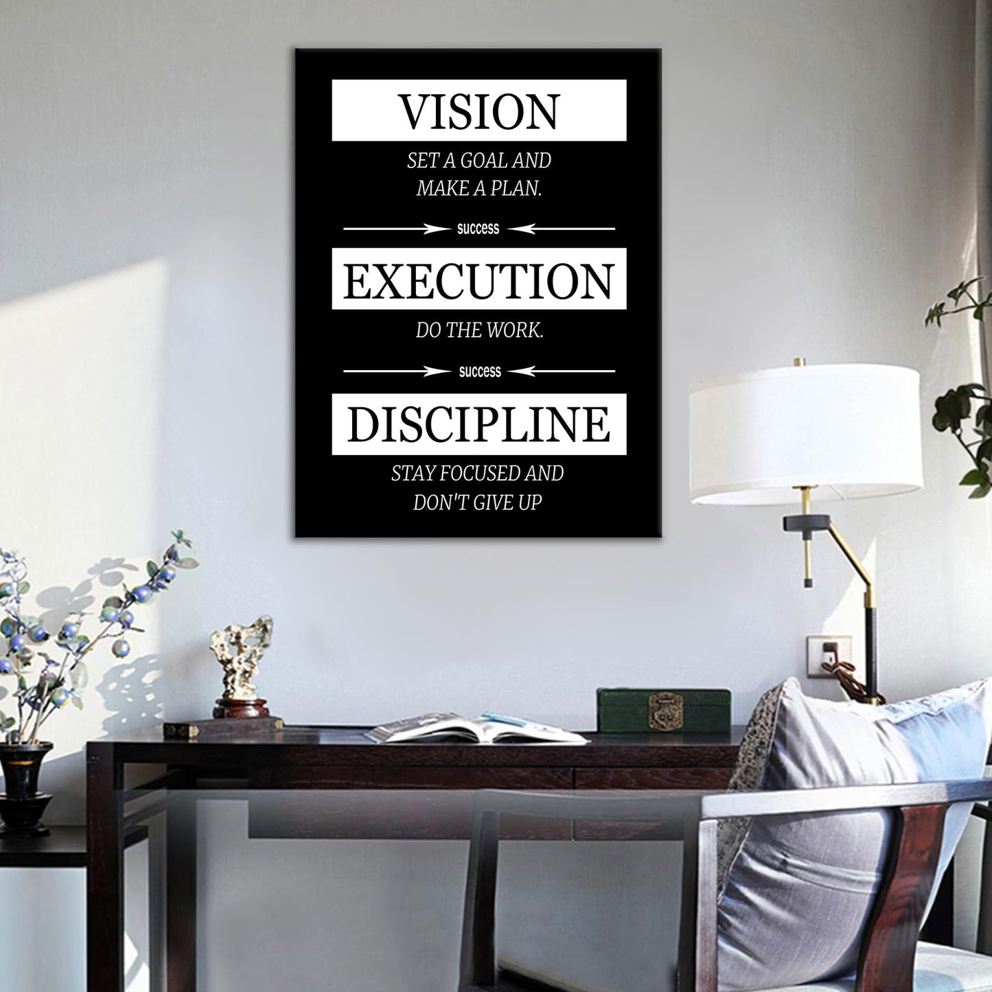 Motivational Canvas Poster Wall Art Inspirational Office Decor Vision Execution Discipline Positive Picture Painting Wall Artwork for Kitchen Teens Room Office Framed Ready to Hang [18''Wx24''H]