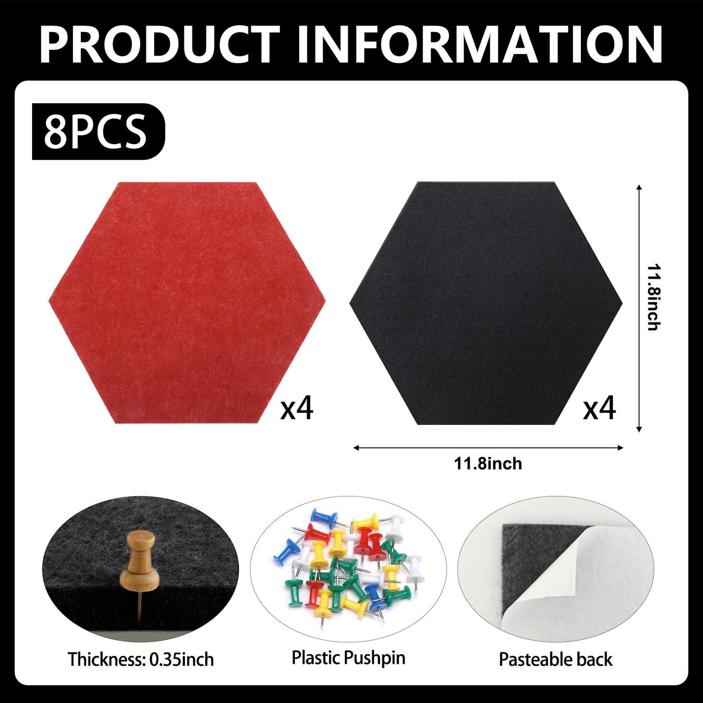 8 Packs Black Red Hexagon Felt Pin Board, 12" Bulletin Board with 30 Push Pins, Felt Board for Home Kitchen Office Decor, Self-Adhesive Corkboard Tiles for Walls Message Photos Memos Display
