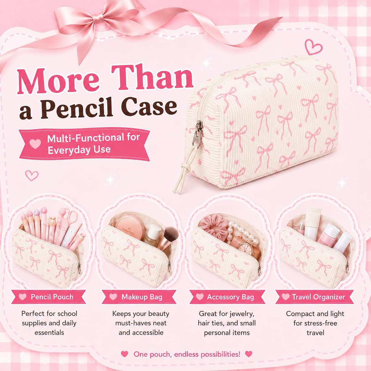 LEDAOU Cute Pencil Case for Kids Girls Boys Pencil Pouch kawaii Pen Pencil Box Bag Holder for School Students (Corduroy Pink Bow)