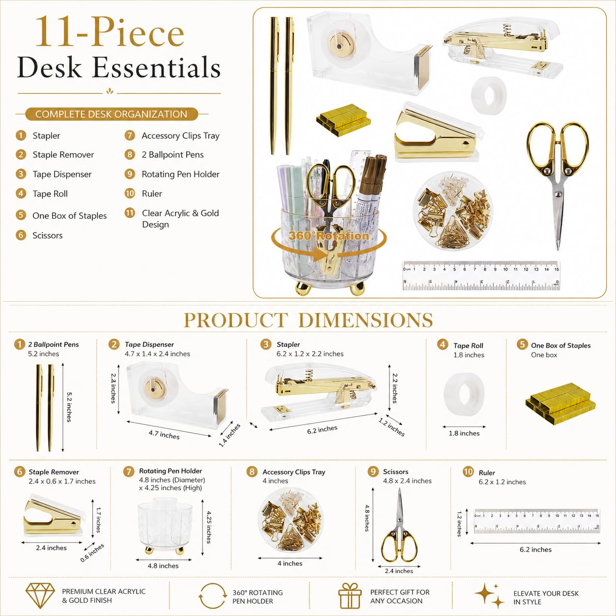 Office Desk Accessories Supplies - 11 Pcs Gold Desk Decor Set with 360-Degree Rotating Pen Holder, Women Cute Aesthetic Office Essentials Kit, Stapler Tape Dispenser, Acrylic Gift for School Home Work