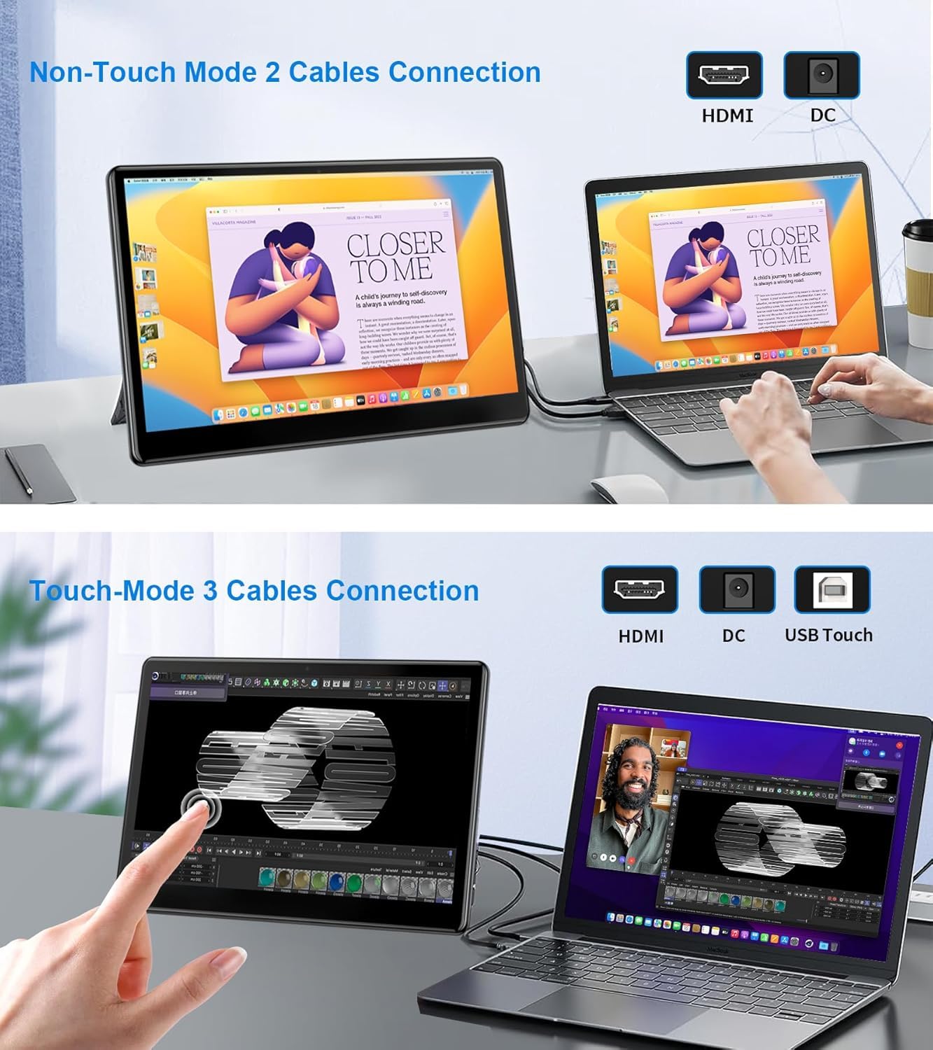 JUNEBOX 13.3'' Portable Touch Screen Monitor,VESA Touchscreen Display,1080P 10-Point HDMI VGA Port Ultra-Slim Portable Laptop Touchscreen Monitor for PC MacBook Phone PS Xbox(13.3 inch) 1