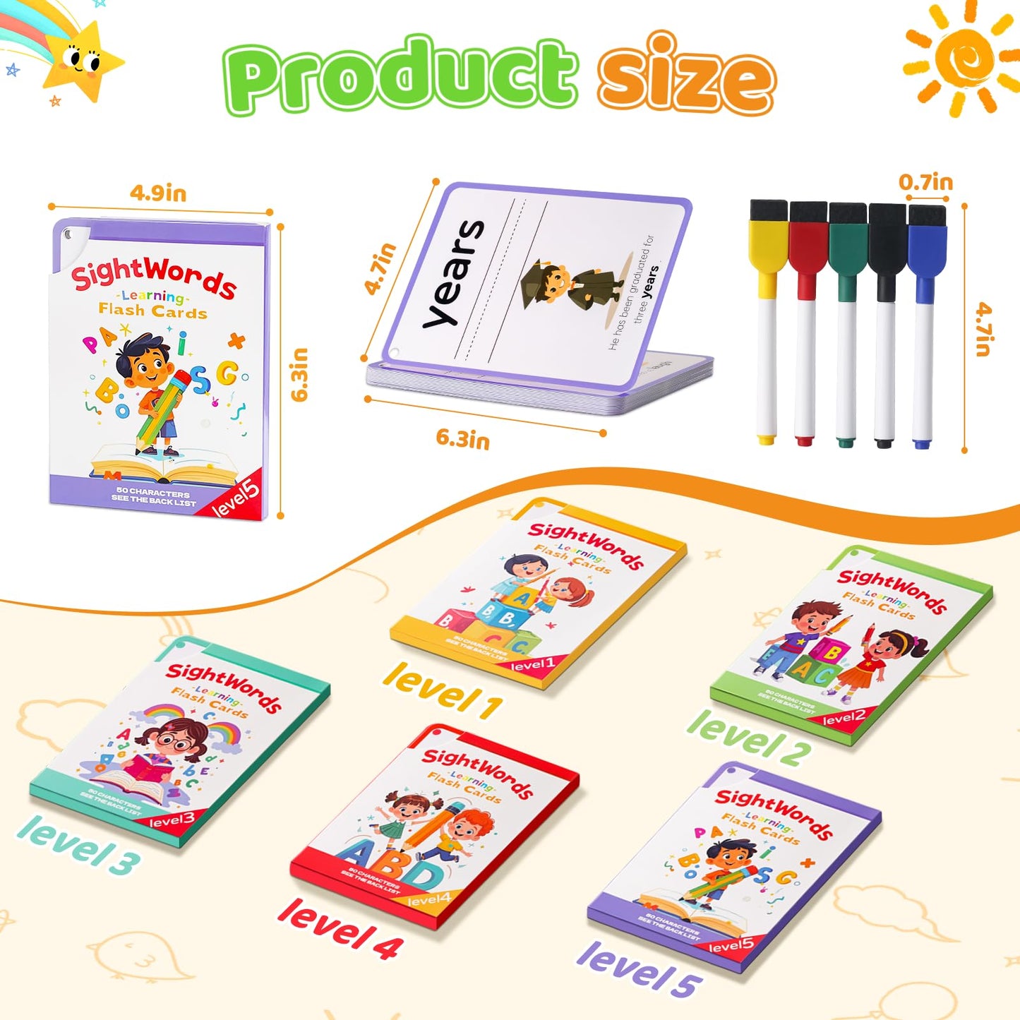 DEGIDEGI Big Size Sight Words Flash Cards Kindergarten, 250 Dolch Sight Words Game with 5 Levels, Preschool Toddler Flash Card for Writing Reading Spelling Game, Educational Learning Toy for Kid Age 3