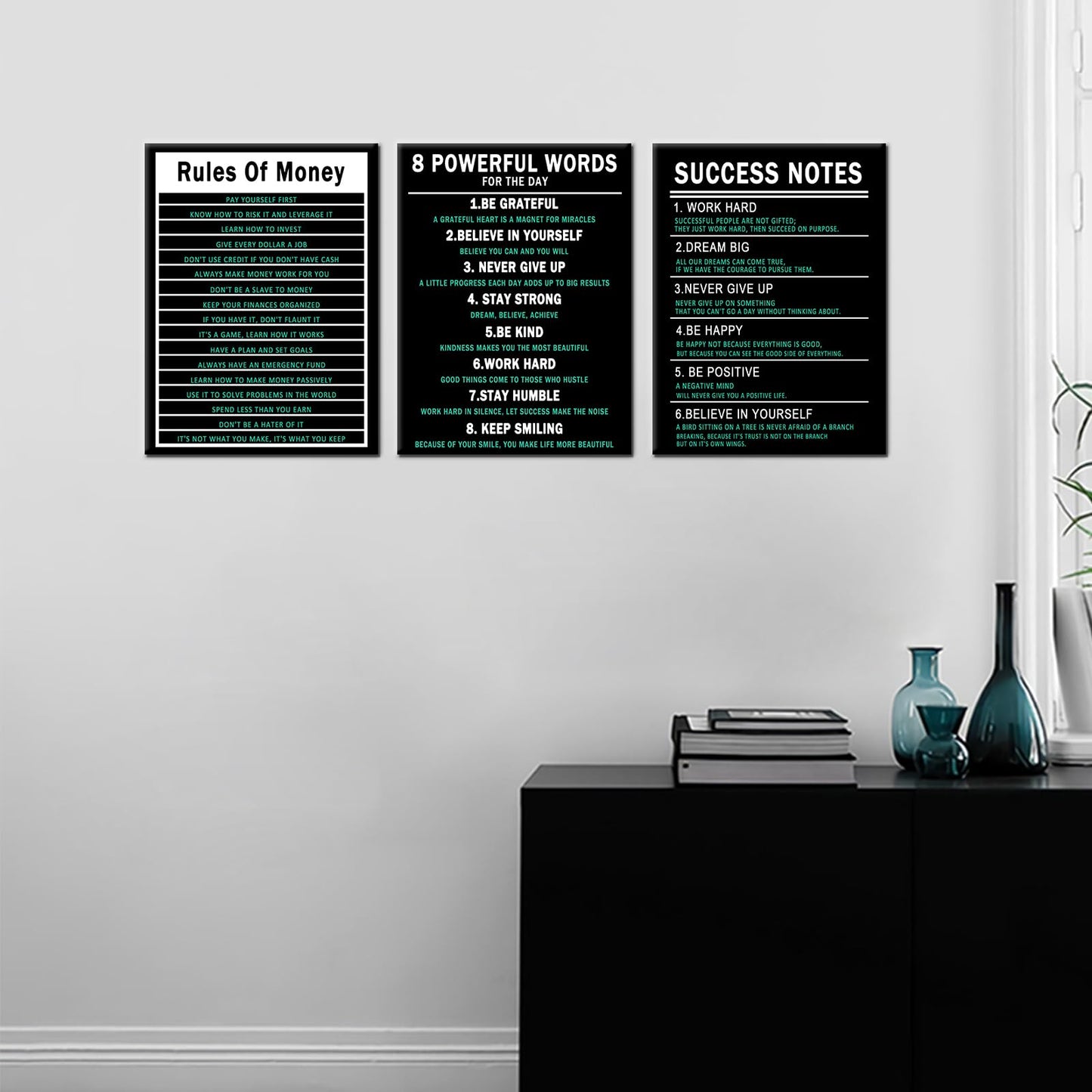 PSYYSP 3 Piece Canvas Wall Art Life Upgrade Money Rules Success Notes Posters, Black Teal Motivational Triptych Wall Decor for Office, Bedroom, Dorm, Framed Canvas 36x16inch