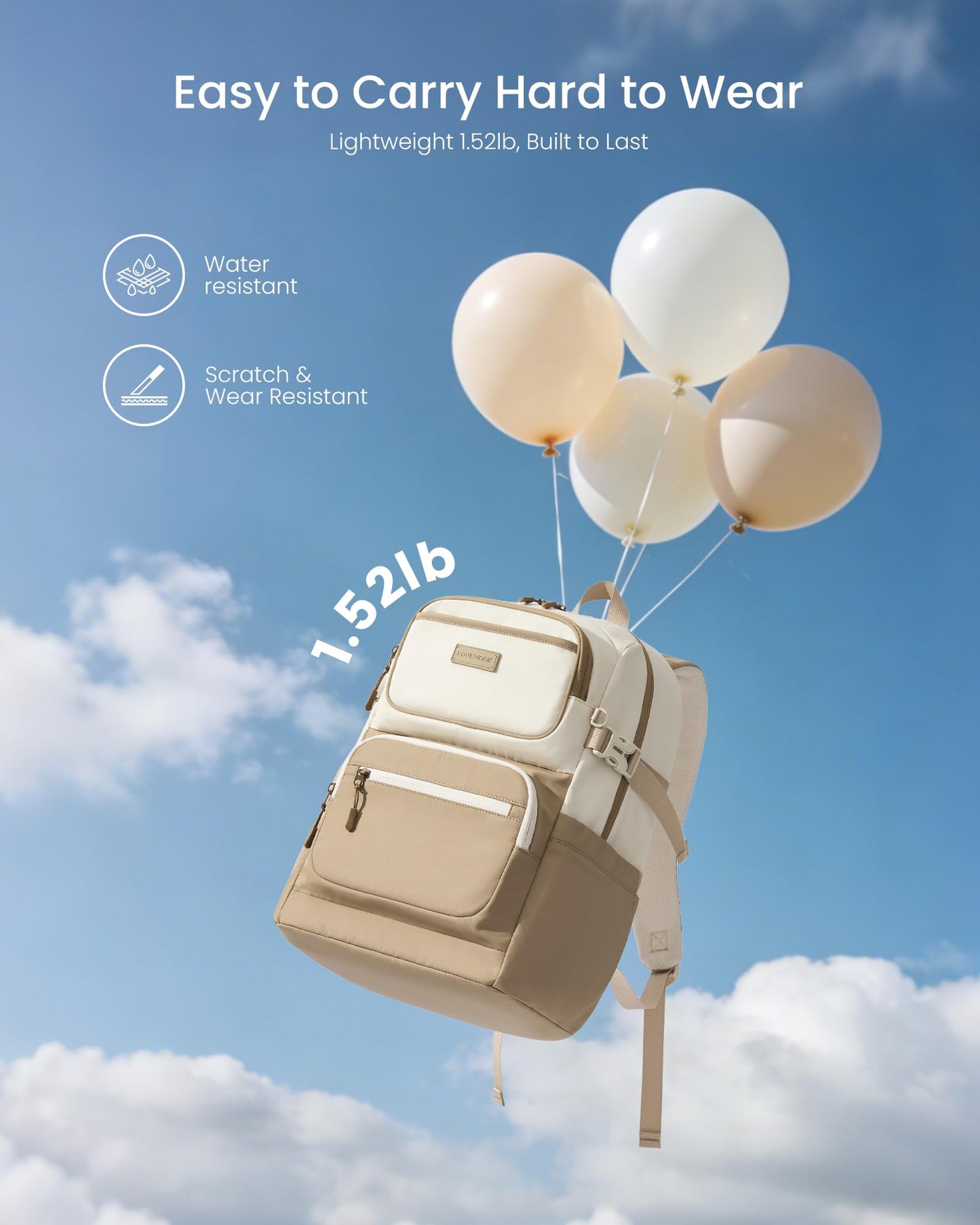 LOVEVOOK School Backpack for Teen Girls & College Students, Large Capacity Laptop Backpack with Water Bottle Holder, Lightweight Bookbag for School, Travel & Everyday Use, Beige-Khaki