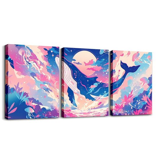 Feelyou Pretty Whale 3 Piece Canvas Wall Art for Living Room Bedroom Jellyfish Wall Art for Home Decor Ocean Animal Office Wall Decor Dreamy Wall Painting