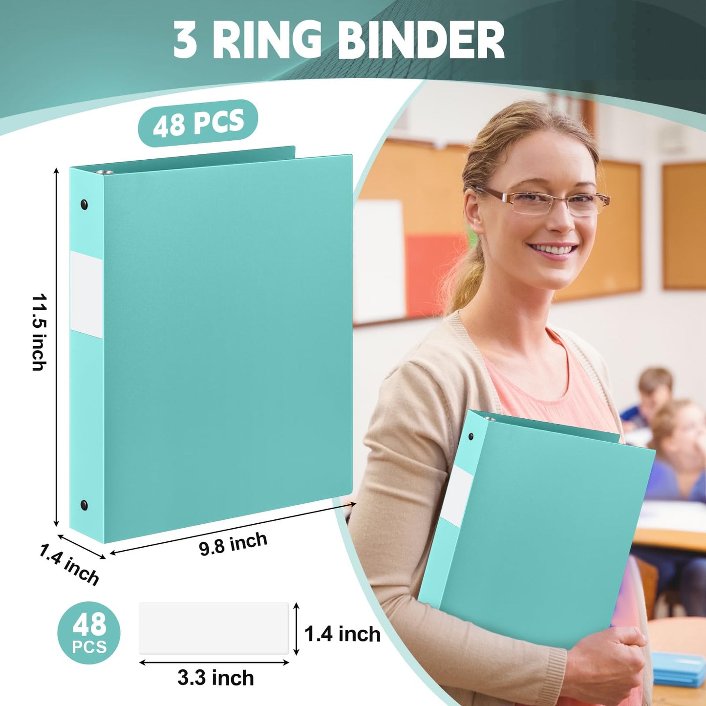 Henoyso 48 Pack 1 Inch 3 Ring Plastic Binders, Bulk Flexible PP Binders for Classroom & School Supplies, Letter Size 8.5 x 11, Holds 240 Sheets with Interior Pocket (Mint Green)