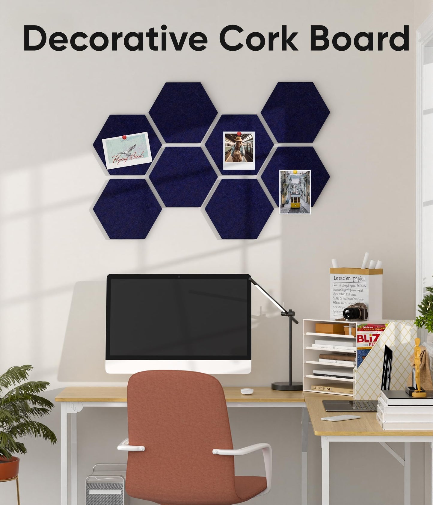 Toptople 12 Inch Large Hexagon Cork Board for Walls, 8 Pack Felt Bulletin Board Tiles, Pin Board with Push Pins for Office Photo and Note, Navy Blue