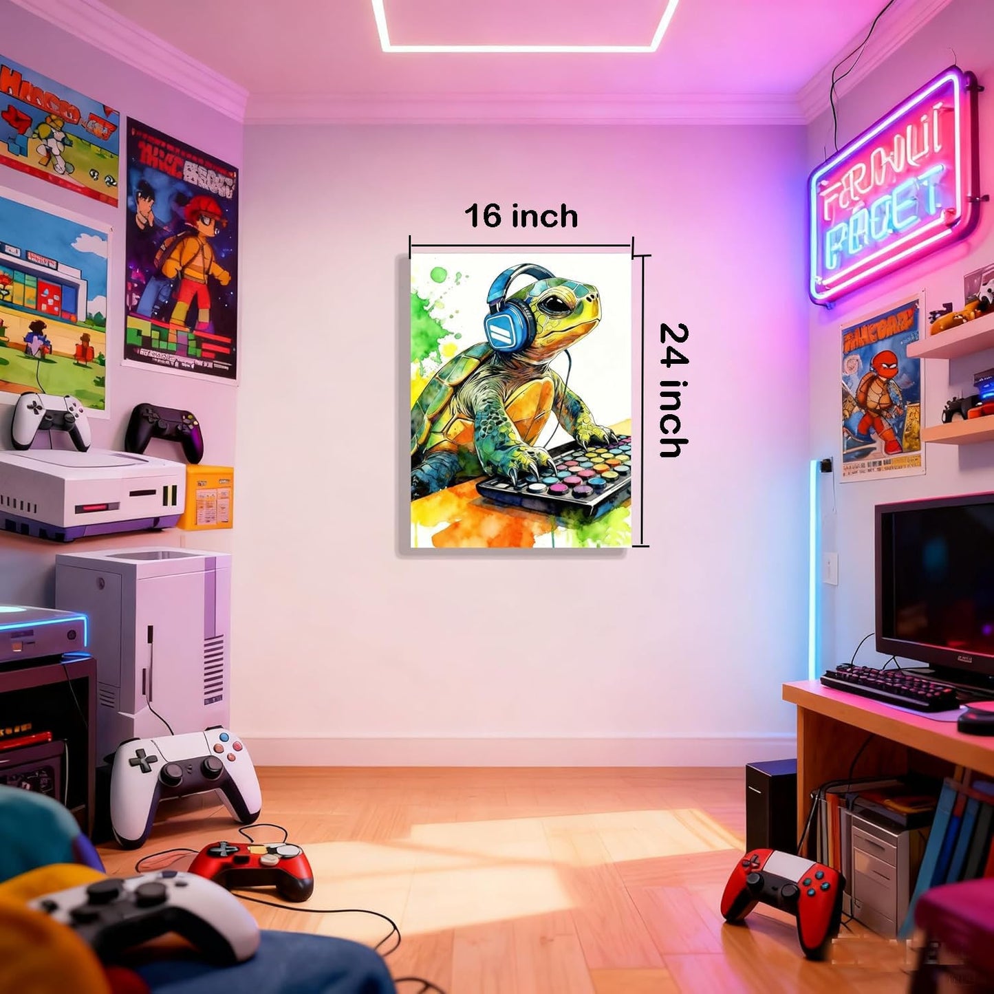 Graffiti DJ Sea Turtle Canvas Wall Art Modern Funny Print 16x24 inch Green Tortoise with Headphones Teen Boy Gaming Room Cool Framed Animal Decor Kids Bedroom Gift Decor Men Office Home Poster