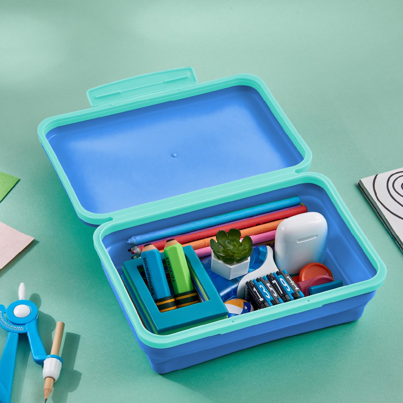 LockerMate by Bostitch Flexi Storage Box with Lid, Collapsible Pencil Case Design for Craft and School Supplies, Blue
