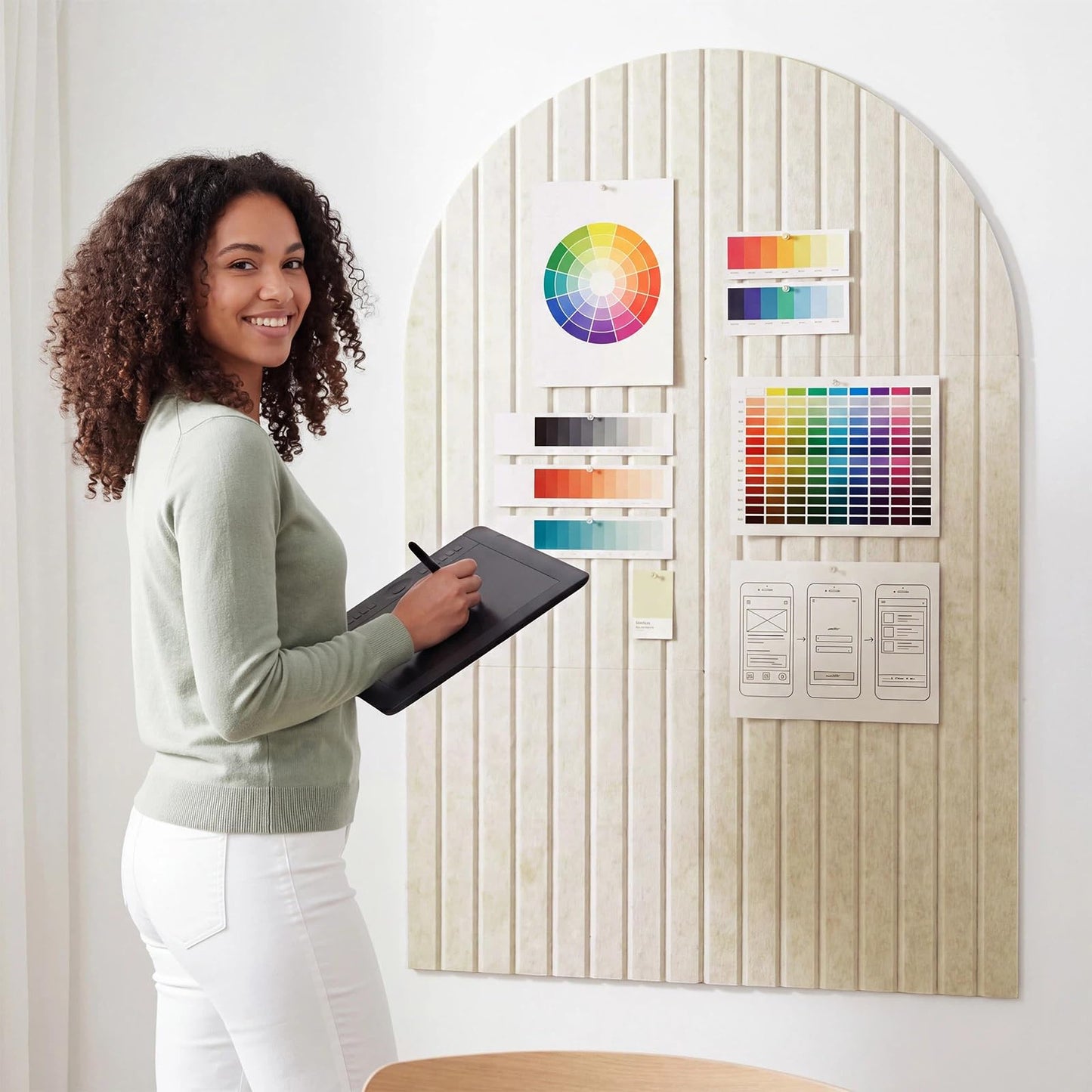 Mindsoft 2 Pcs 35" x 24" Large Integrated Arched Felt Bulletin Board - Foldable Cork Board Alternative - No Assembly Wall Decor for Office, Bedroom & Home Display Photos (Oatmeal)