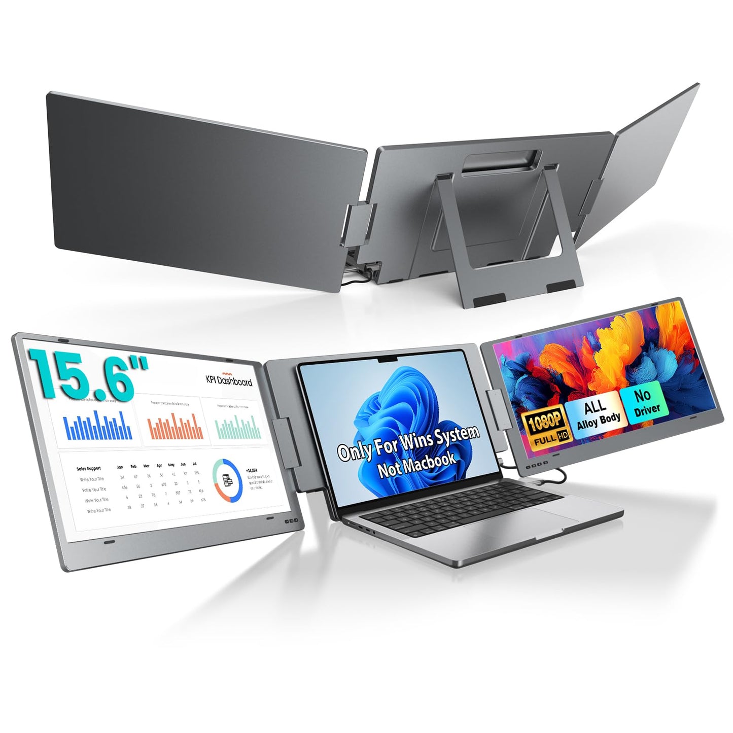 KYY Triple Laptop Screen Extender, 15.6" 1080P FHD IPS Dual Portable Extended Monitor, USB C Travel Display for 12-17'' Laptop, 210°Rotation & Kickstand, Plug and Play (Windows Only)