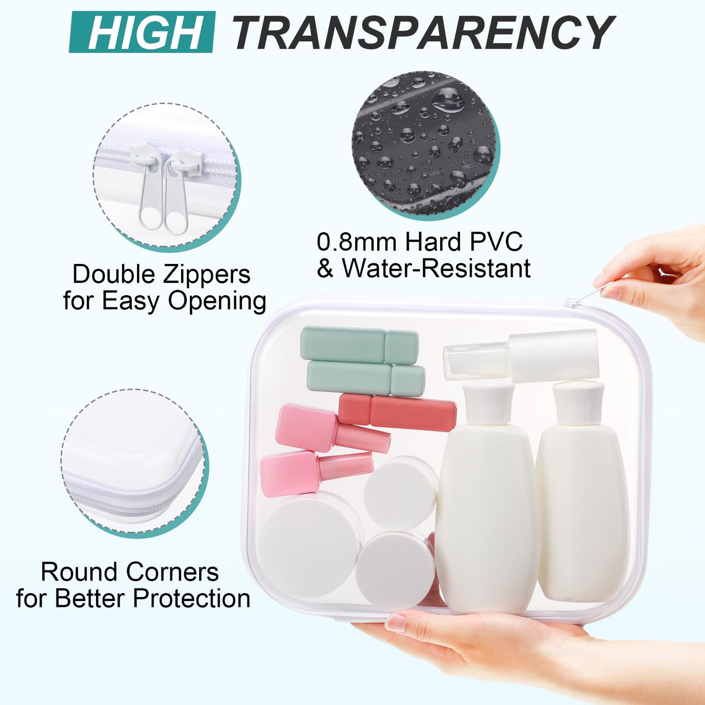 Hoolerry 3 Pcs Clear Hard Zipper Case Hard Plastic Zipper Pouch Makeup Bag Portable Travel Organizer for Cosmetics, Office Supplies, Documents & Toiletries(White,M)
