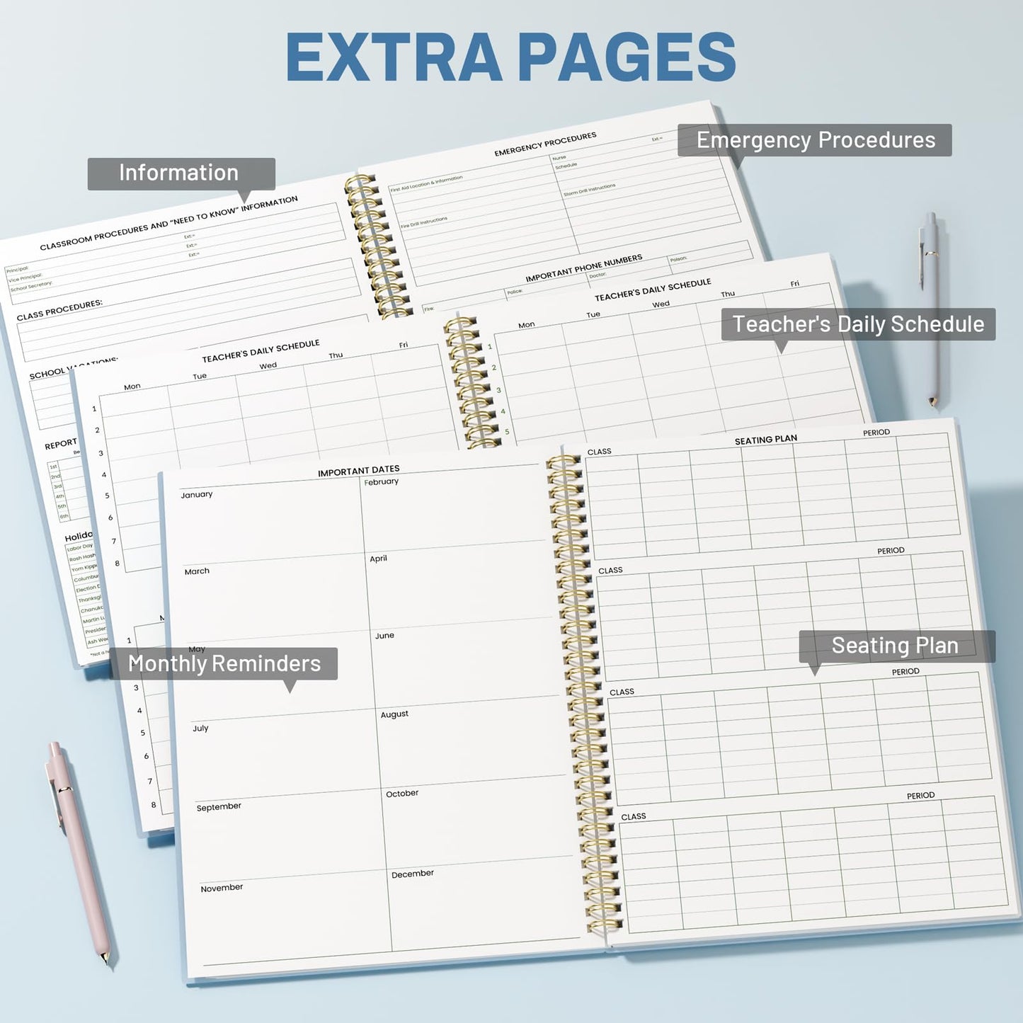 SUNEE Teacher Class Record Book for 9-10 weeks, 36 Names, 8.5x11 Inch, 104 Pages (52 Sheets), 100gsm Thick Paper, Larger Grade Recording up to 36 Students with Water-Resistant Plastic Cover, Blue