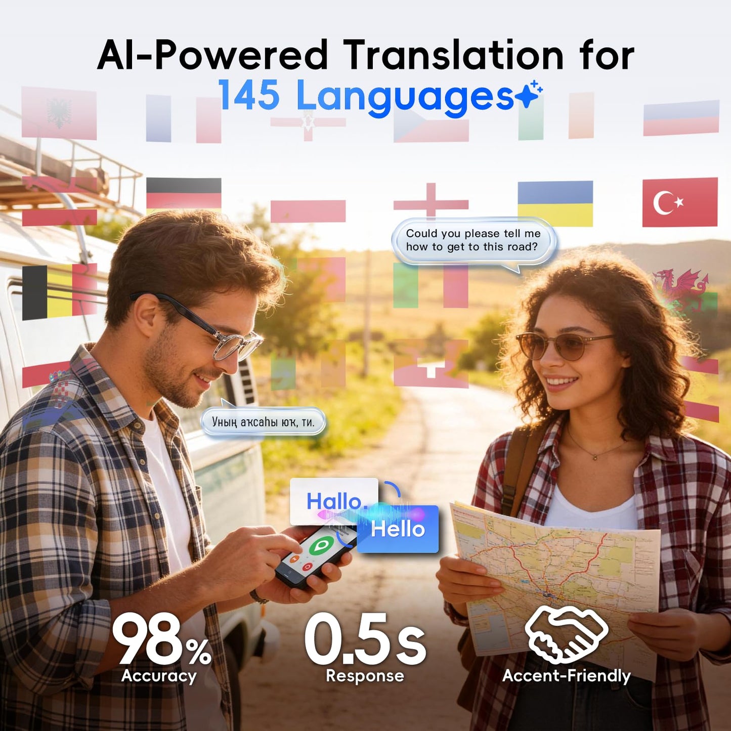 GetD 2026 AI Smart Glasses for Men & Women - Powered by ChatGPT with Real-Time 145-Language Translation, 11H Music/9H Calls, Electro-Gray Translucency & Blue Light Blocking for Travel and Daily Use
