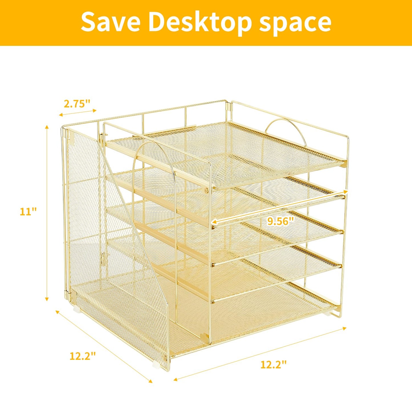 LEKETREE Desk Organizers and Accessories, 5-Tier Paper Letter Tray Organizer with File Holder, Desktop Organizer for Office Supplies (Gold)