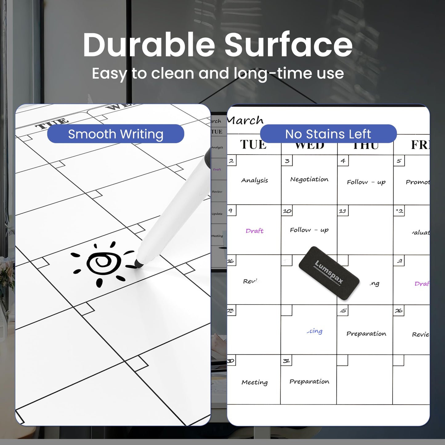 Lumspax Monthly Whiteboard Calendar for Wall, 24" x 18" Dry Erase Board with Plastic Frame, Hanging Dry Erase Calendar with 3 Mini Sticky Notes for Kitchen Planner, Memo, Home and Office, Black