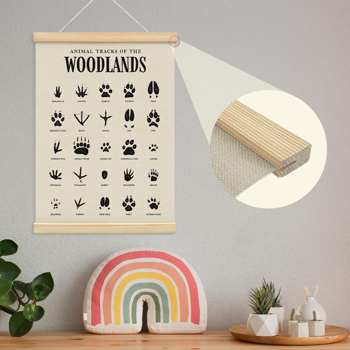 MOFUYU Woodland Tracks Wall Decor Canvas Hanging Banner, Nursery Decor Mountains, Woodland Nursery Poster Hanger Frame for Kids Room,Classroom,Playroom Cabin 12x16 Inch