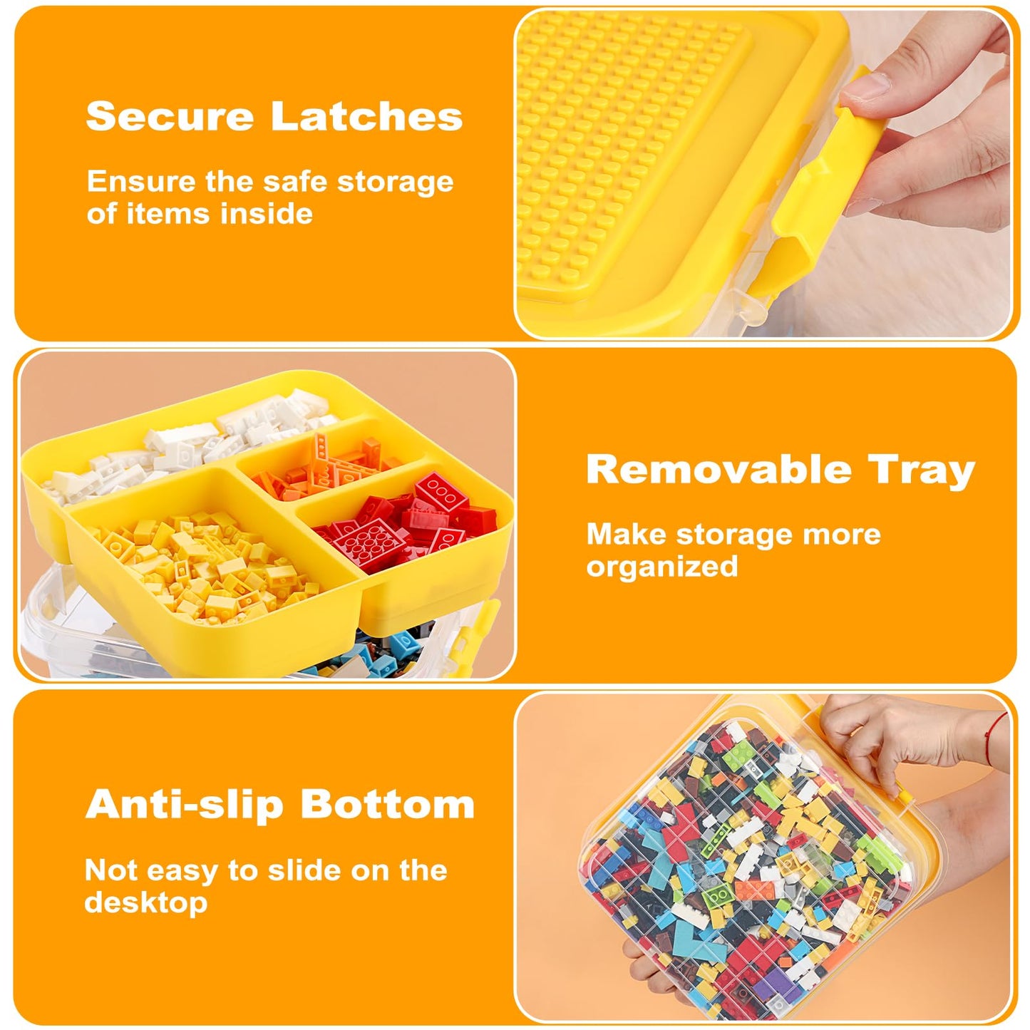 OGANAZI Plastic Storage Container with Bricks Baseplate Lid for Building Blocks, Bricks Building Set Organization Bin with Compartments Tray, Stackable Storage Box Building Block Chest Case (Yellow)