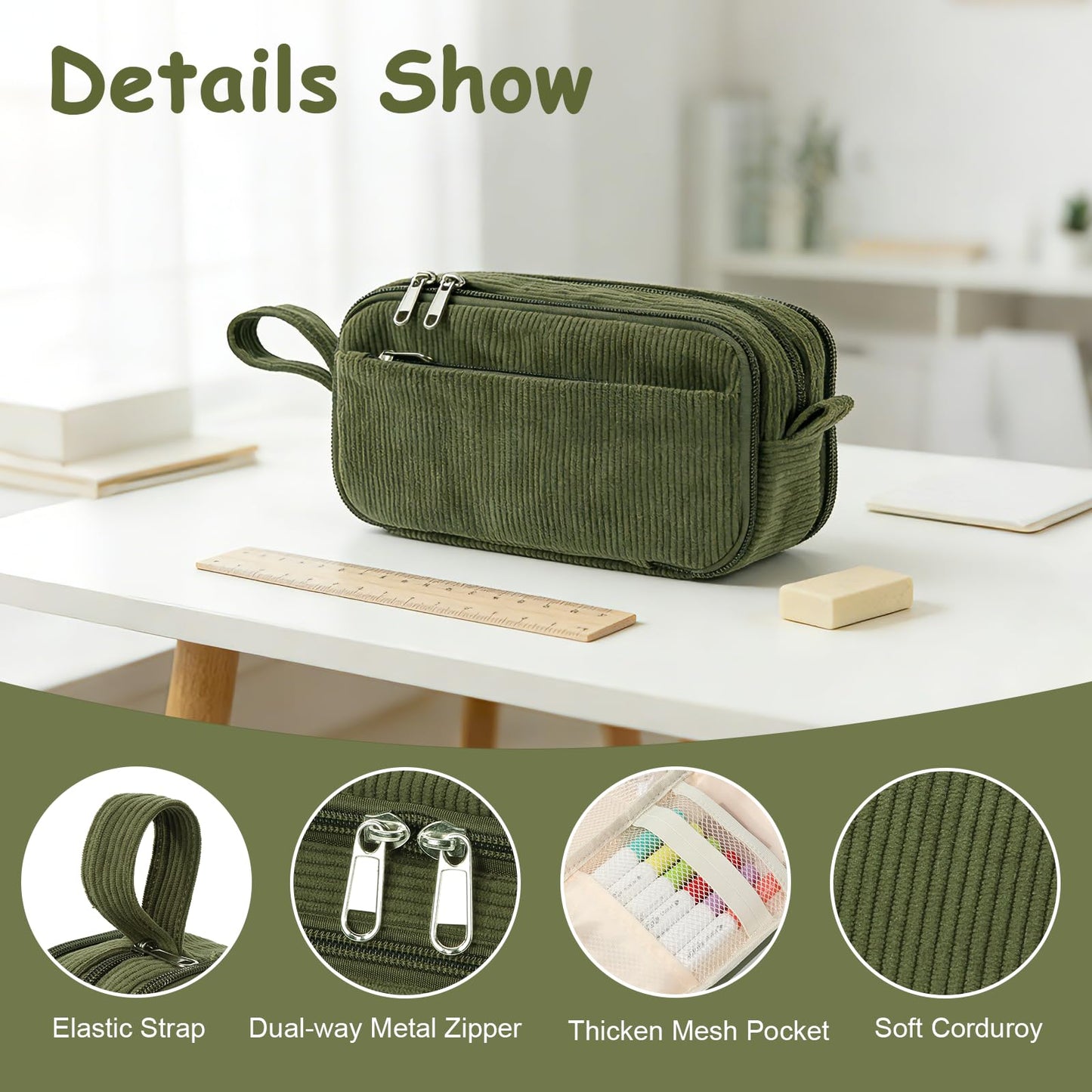 BuyCard Large Capacity Corduroy Pencil Case, Green Zipper Pouch, Aesthetic Pen Pouch, Supplies Organizer for Teen Girls Boys Women Men, Teacher Appreciation Gifts, Fathers Day Gift