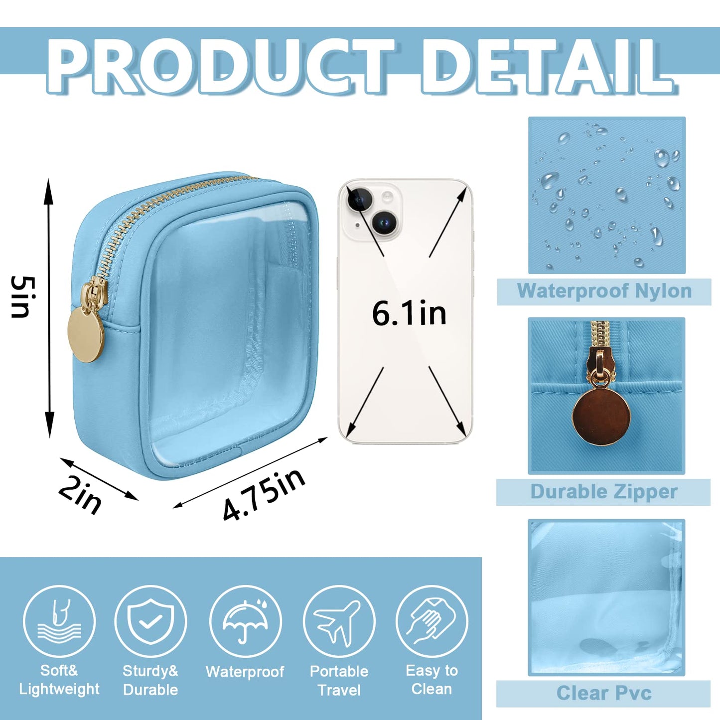 UIXIZQ Clear Mini Makeup Bag for Purse, Small Nylon&PVC Cosmetic Travel Bag TSA Approved Toiletry Bag with Zipper, Preppy Transparent Makeup Travel Bag Coin Purse for Women Men Girls(Mini-Blue)