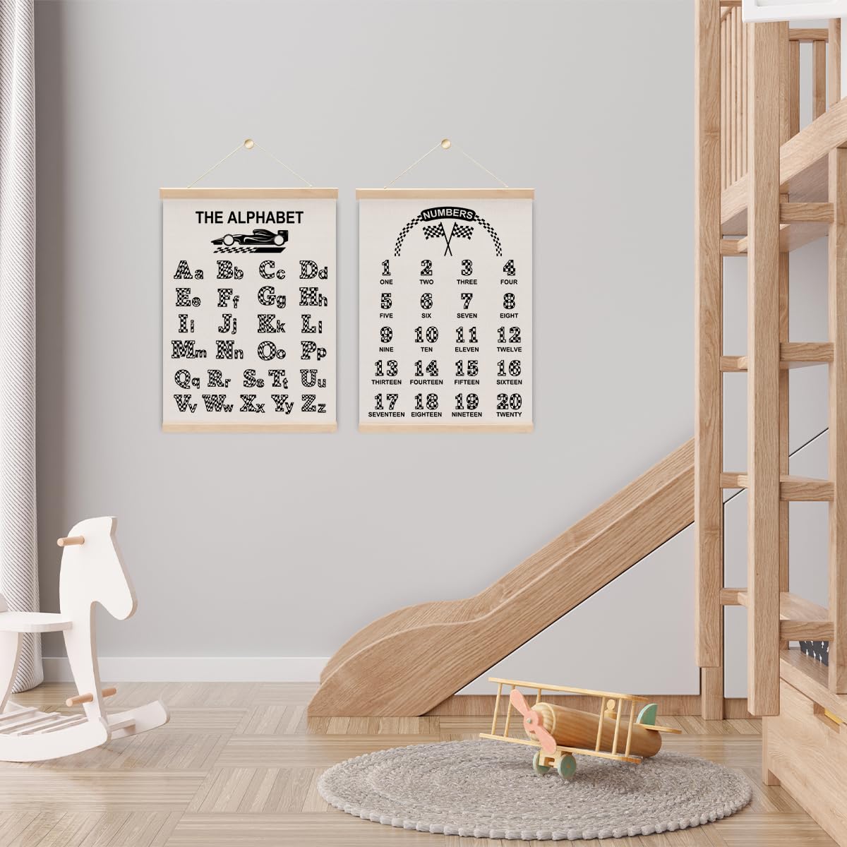 2PCS Car Race Room Alphabet Wall Decor Poster Hanger, F1 Car Enthusiast Room Decor, Boys Educational Posters Wall Art With Wooden Frames for Boys Playroom Nursery Decorations 15.8x11.8 Inch