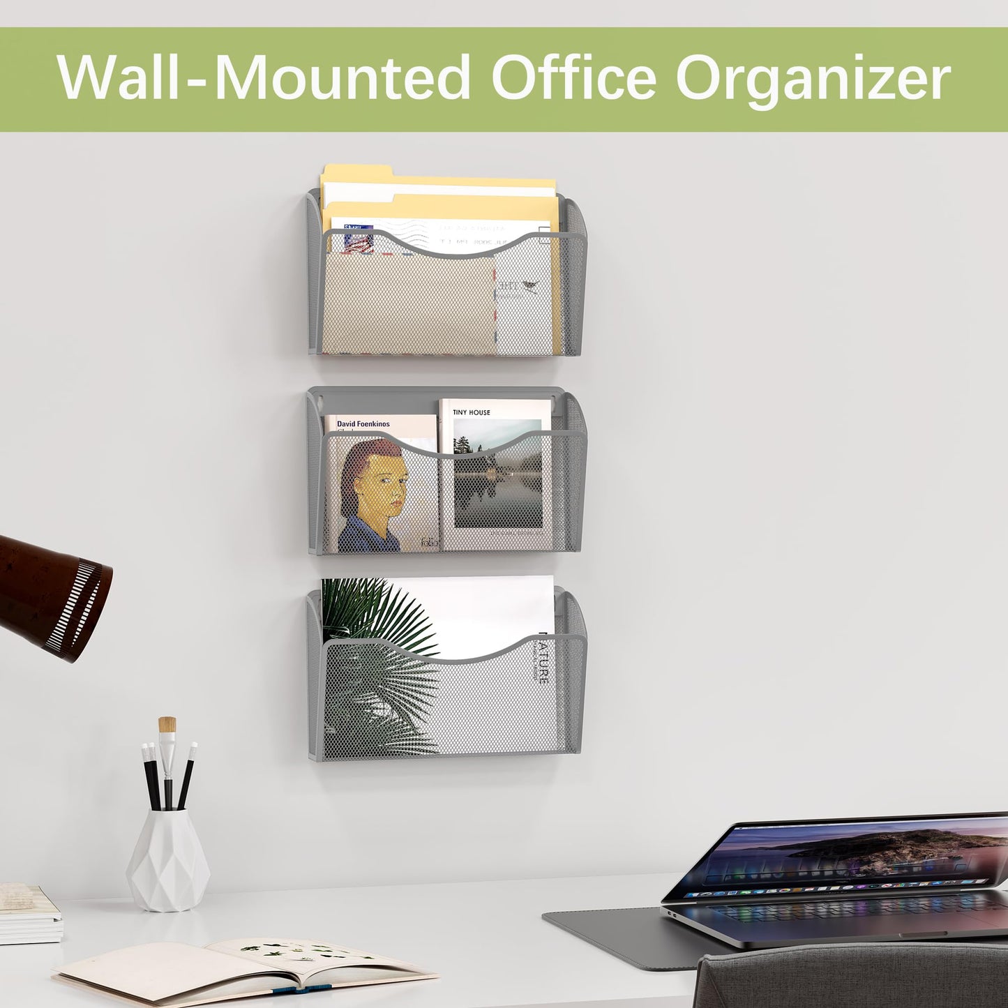 EasyPAG Wall File Organizer 3 Pack, Hanging File Organizer Wall Mount, Metal Mesh Folder Holder for Letter/A4 Papers, Mail Sorter for Office, Classroom, Home, Silver