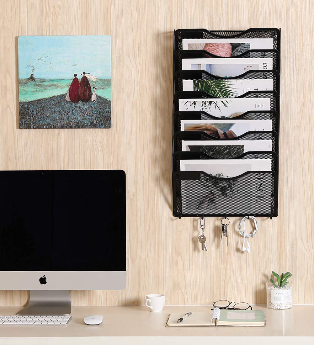 EasyPAG 8 Pocket Mesh Wall File Organizer with Key Hooks, Hanging Paper Folder Holder with Classify Label, Vertical Wall Mount Mail Organizer for Office Home Classroom, Black