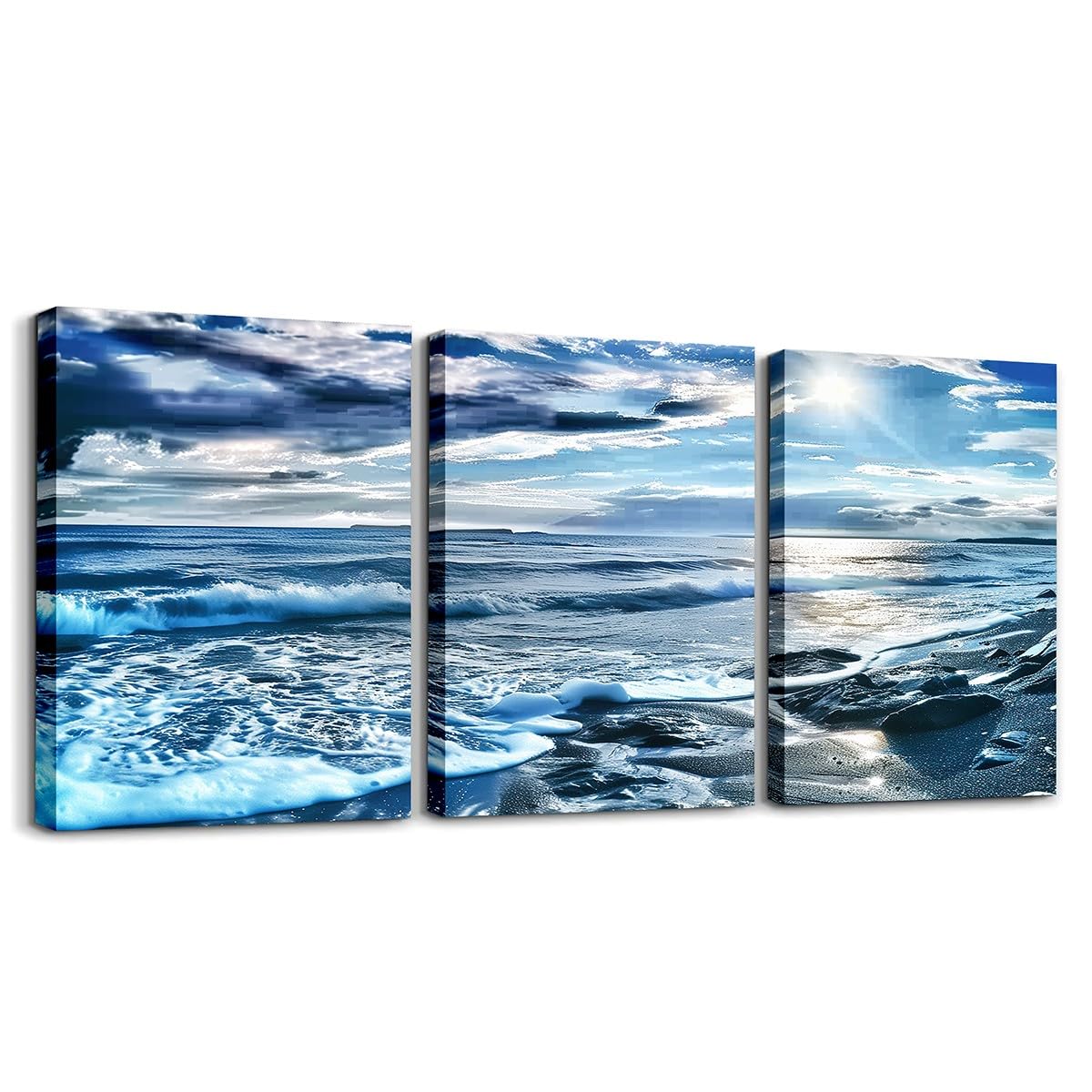 Canvas Wall Art Set of 3 for Living Room Bedroom, Blue Beach Paintings Wall Decor Ocean Sea Wave Print Wall Art Ocean Scenery Poster Prints for Bathroom Home Decor,Rustic Farmhouse Artwork Decor