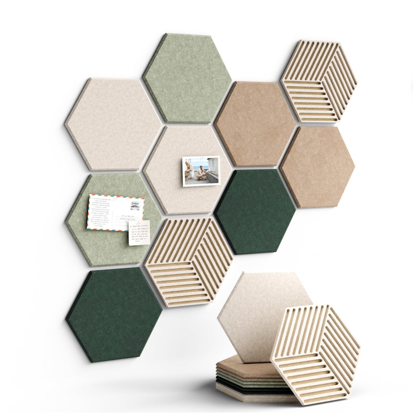 Fluxynara Hexagon Cork Board Alternative for Walls Decor-10-Pack Felt Bulletin Board Tiles,with 30 Pushpins,50 Adhesive Tabs for Office,Classrooms & Home Pin Board Felt Board-Nordic Moss