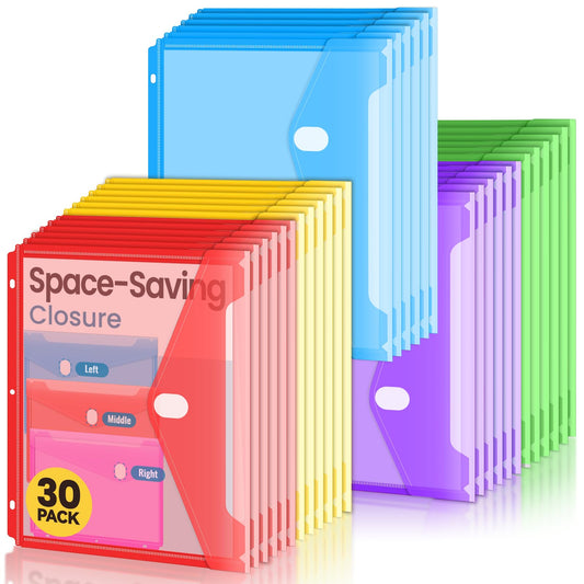 Sooez 30 Pack Binder Folders Organizer with Staggered Closures, Super Heavyweight Binder Pockets for 3 Ring Binders, High Capacity Binder Pouch, Side Loading, School Supplies, Letter Size, 5 Color