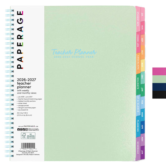 PAPERAGE Teacher Planner, Weekly & Monthly Academic Planner & Calendar, 12-Months, July 2026 - June 2027, (9.5" x 11"), Teacher Lesson Planning Book with Tabs, Stickers & Inner Pocket, Sage Green