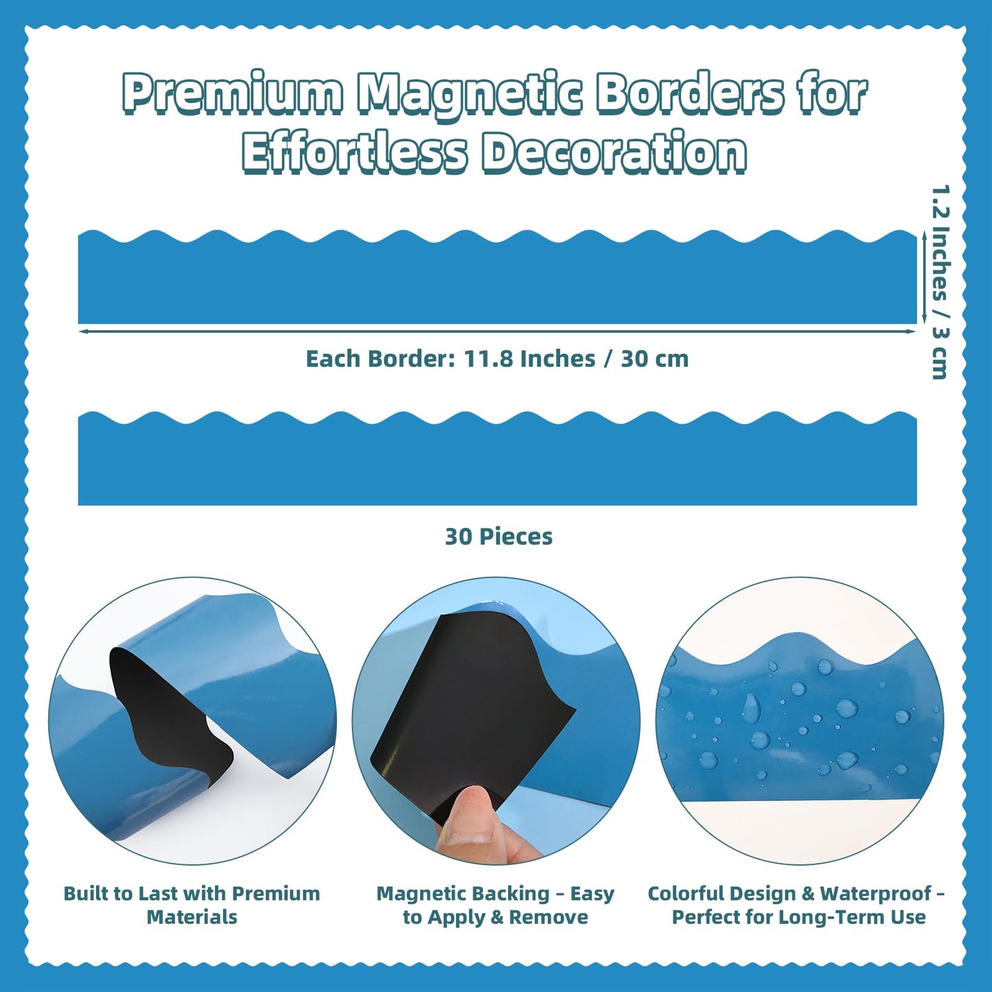 30 Pcs Magnetic Borders for Classroom Whiteboard - Blue Magnetic Bulletin Board Border Set - Scalloped Chalkboard Border Strips for Teachers, Parents, DIY Home,School & Office Decoration