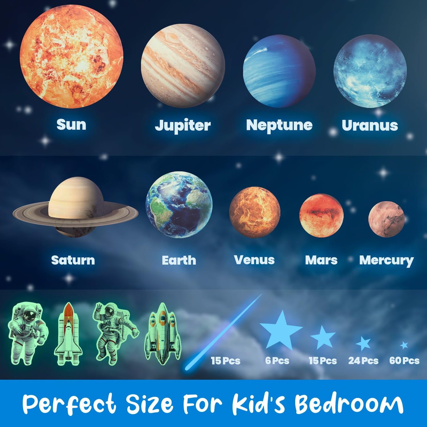 Glow in The Dark Stars and Planets, Bright Solar System Wall Stickers - USA Astronaut Spaceship, Ceiling Decals for Kids Bedroom Any Room, Shining Space Decoration, Birthday Gift for Boys and Girls