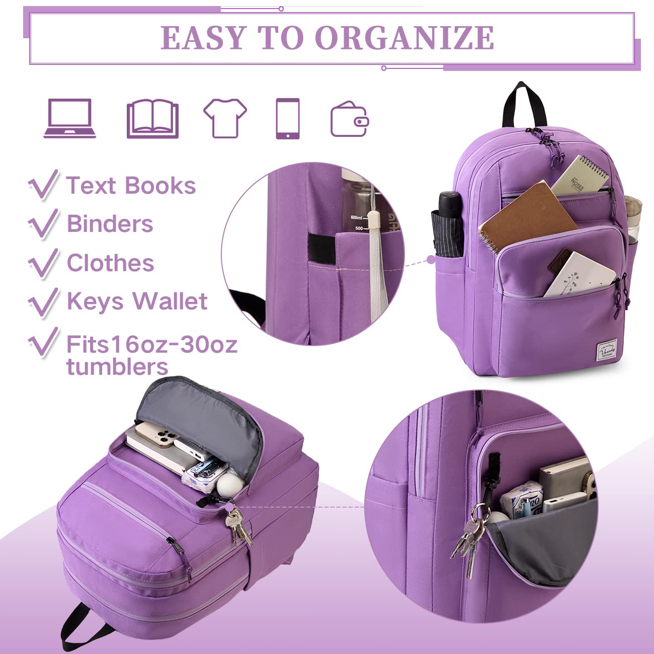 VASCHY School Backpack for Women, Unisex Large Bookbag Schoolbag Casual Daypack for High School/College/Teens/Travel/Work Purple