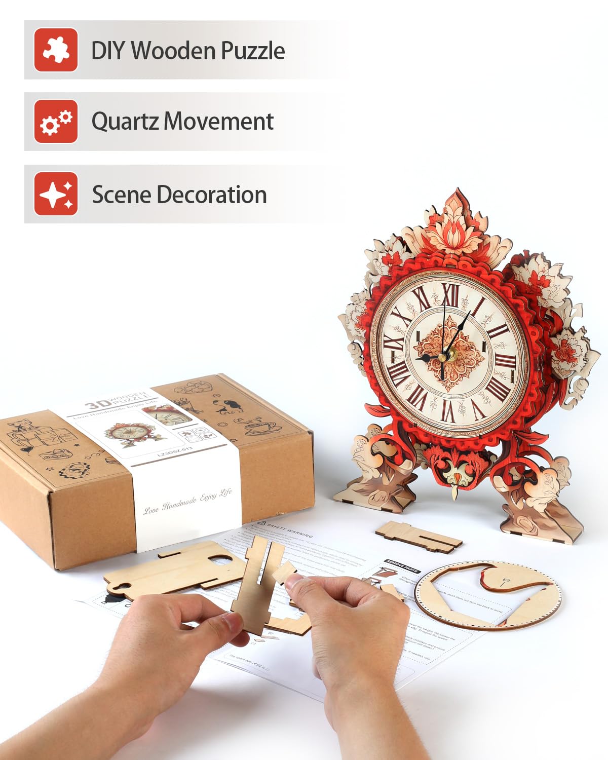 Rnfinewow 3D Wooden Puzzles for Adults, 3D Puzzles Flame Flower Clock Kit (with Pendulum), Wooden Puzzle for Adults Teens Home Wall Decor Clock Christmas Day Puzzle Gifts for Adults