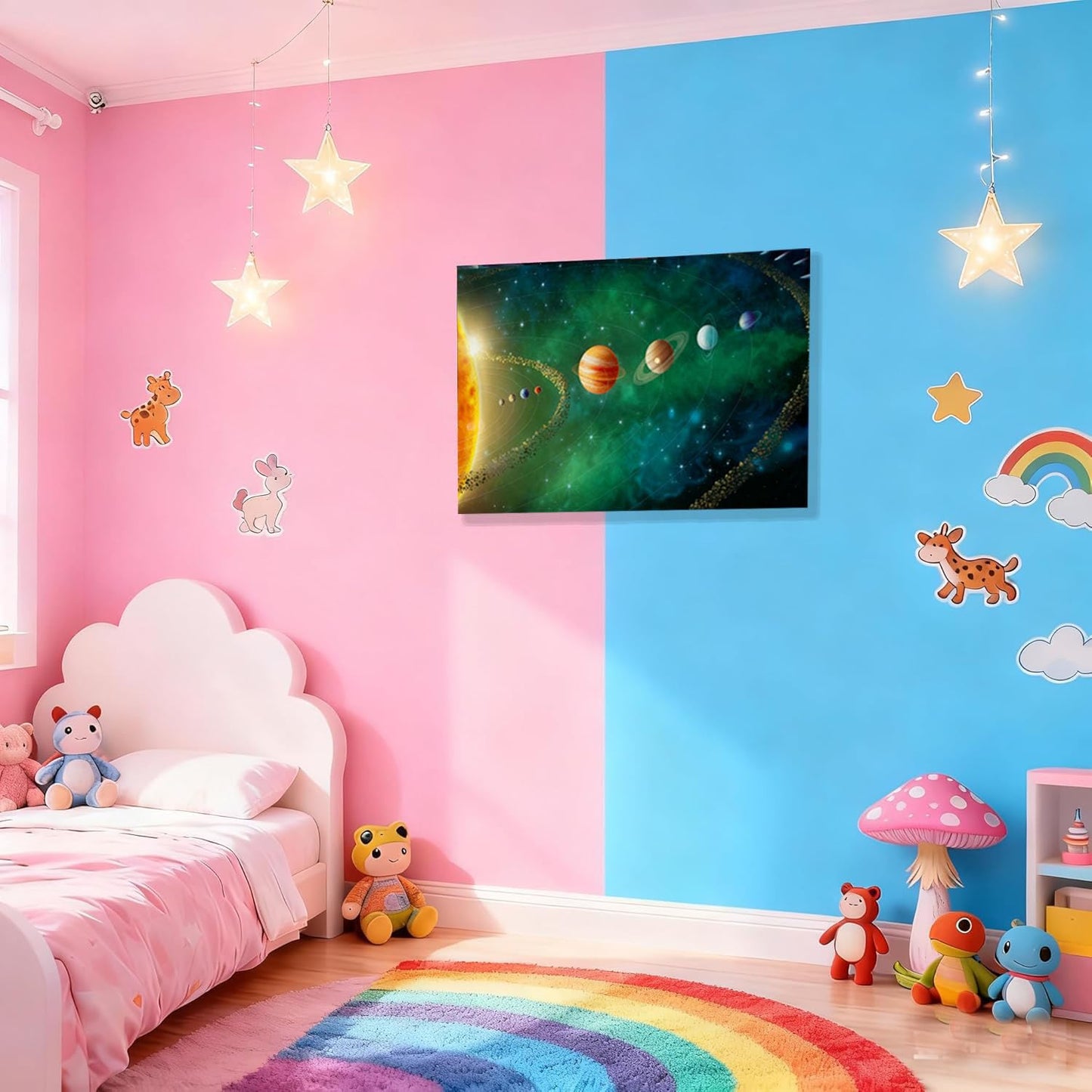 16x24 inches Framed Solar System Space Canvas Wall Art Green Galaxy Planets Astronomical Decor Kids Bedroom Cosmic Wall Pictures Teen Boy Room Universe Poster Child Office Study Room Prints