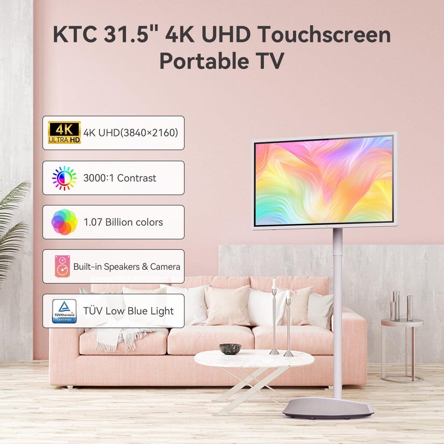 KTC 32" 4K Smart Portable TV MEGAPAD, Google EDLA Certified, UHD Touchscreen Rolling TV on Wheels with Speaker & Camera, 16G RAM+256G Storage, Built-in Battery, Full Swivel Rotation, Remote Control