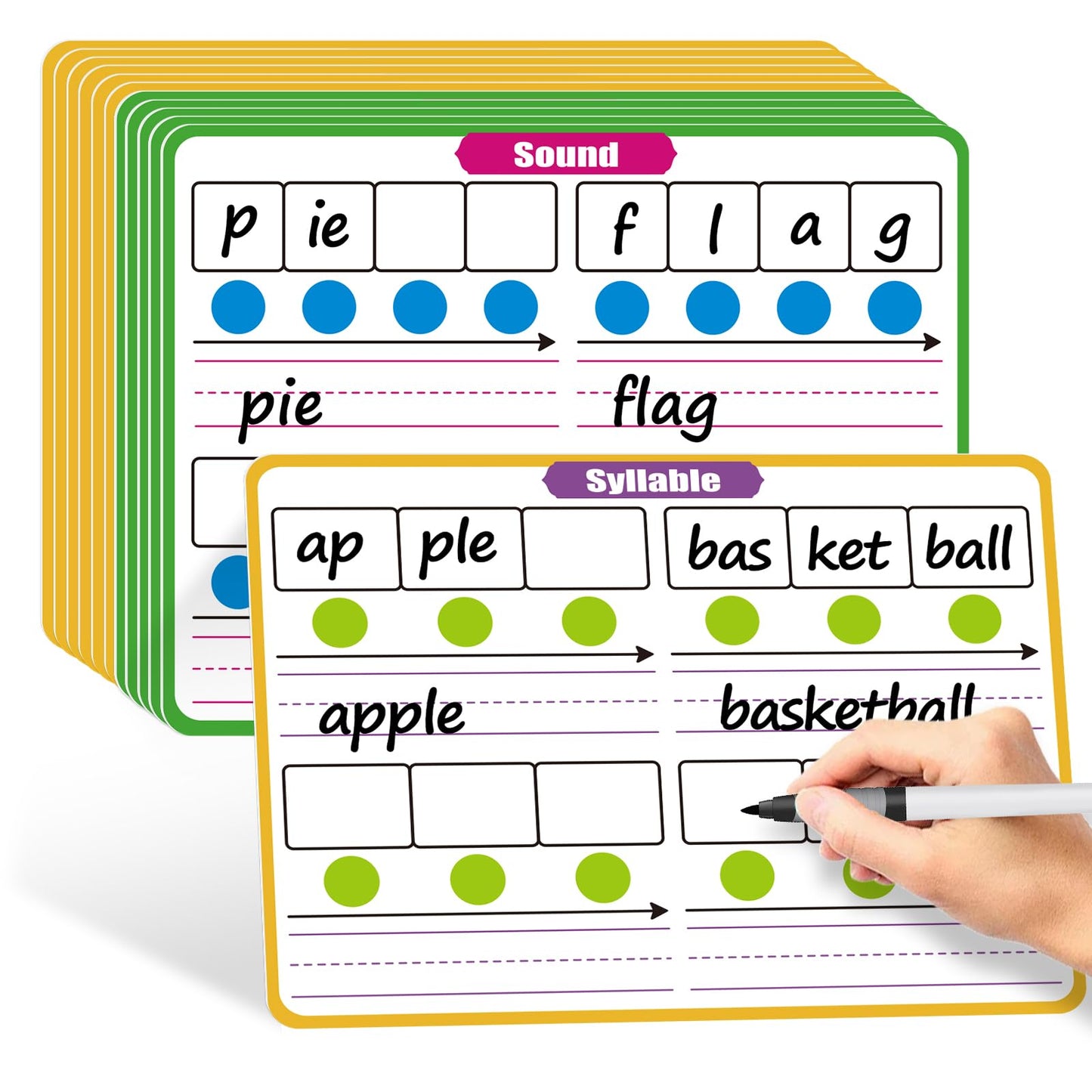 PraxiKidy 12 Pack Phonemic Awareness Dry Erase Flash Card,Phonics Games Science Reading Manipulative Speech Therapy Material Elkonin Box 1st Grade Classroom Must Haves Teacher Homeschool Supplies