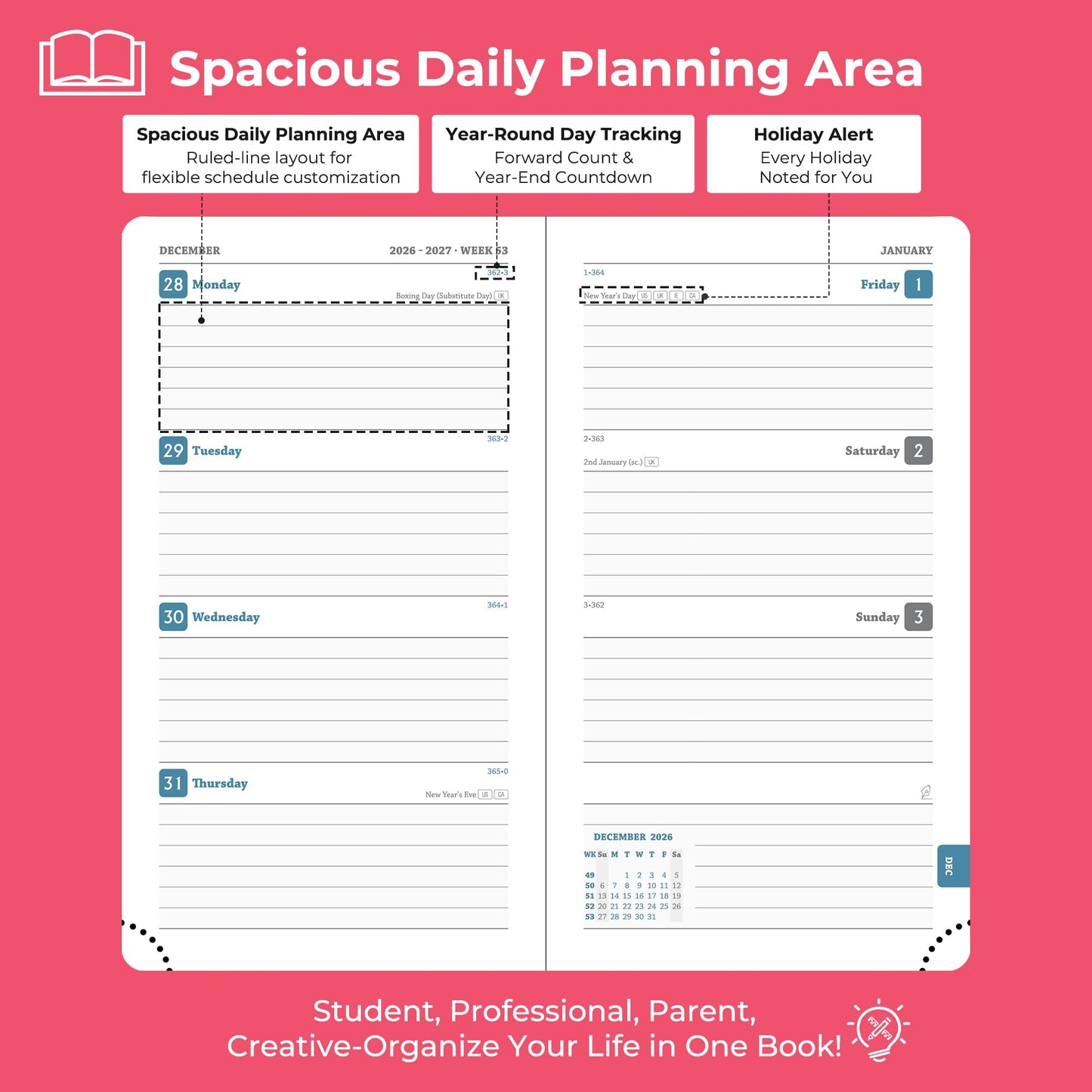 IN-LUXPRO Planner 2026-2027 Daily Weekly and Monthly,6.5"x3.75",18 Months Spiral Bound Calendar Agenda with Self-adhesive Pen Holder,2026 Academic Plan with Vegan Leather Soft Cover,Rose Red
