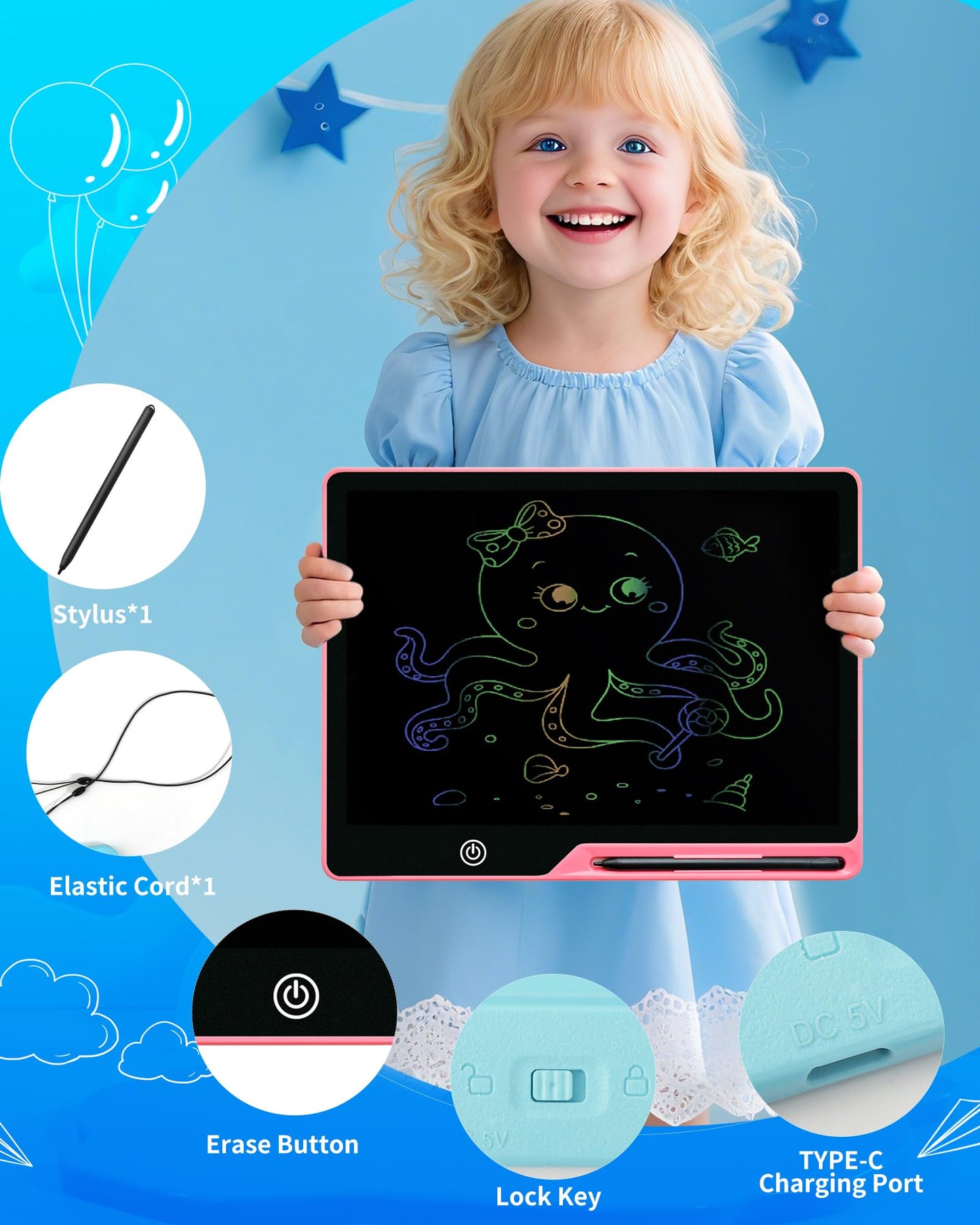 Magnetic LCD Writing Tablet for Fridge, 13 Inch Writing Tablet for Kids, Toddler Drawing Pad, Learning Toys for Boys Girls Ages 3.4.5.6.7.8, Writing Board for to-Do Lists and Family Messages (Pink)
