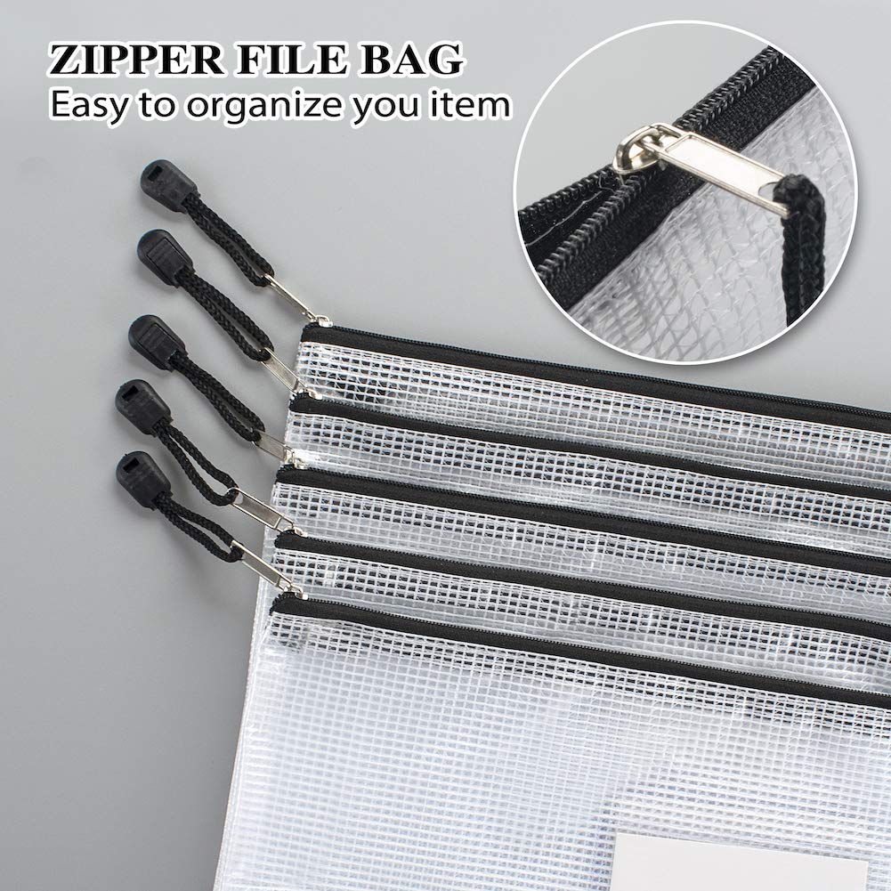 Sooez 20 Pack Mesh Zipper Pouch Bags, A4 Letter Size Zipper Bag with Label Pocket, Waterproof Bag for Classroom Organizer, School Office Supplies, Storage Pouches for Board Game Toy Storage, Black