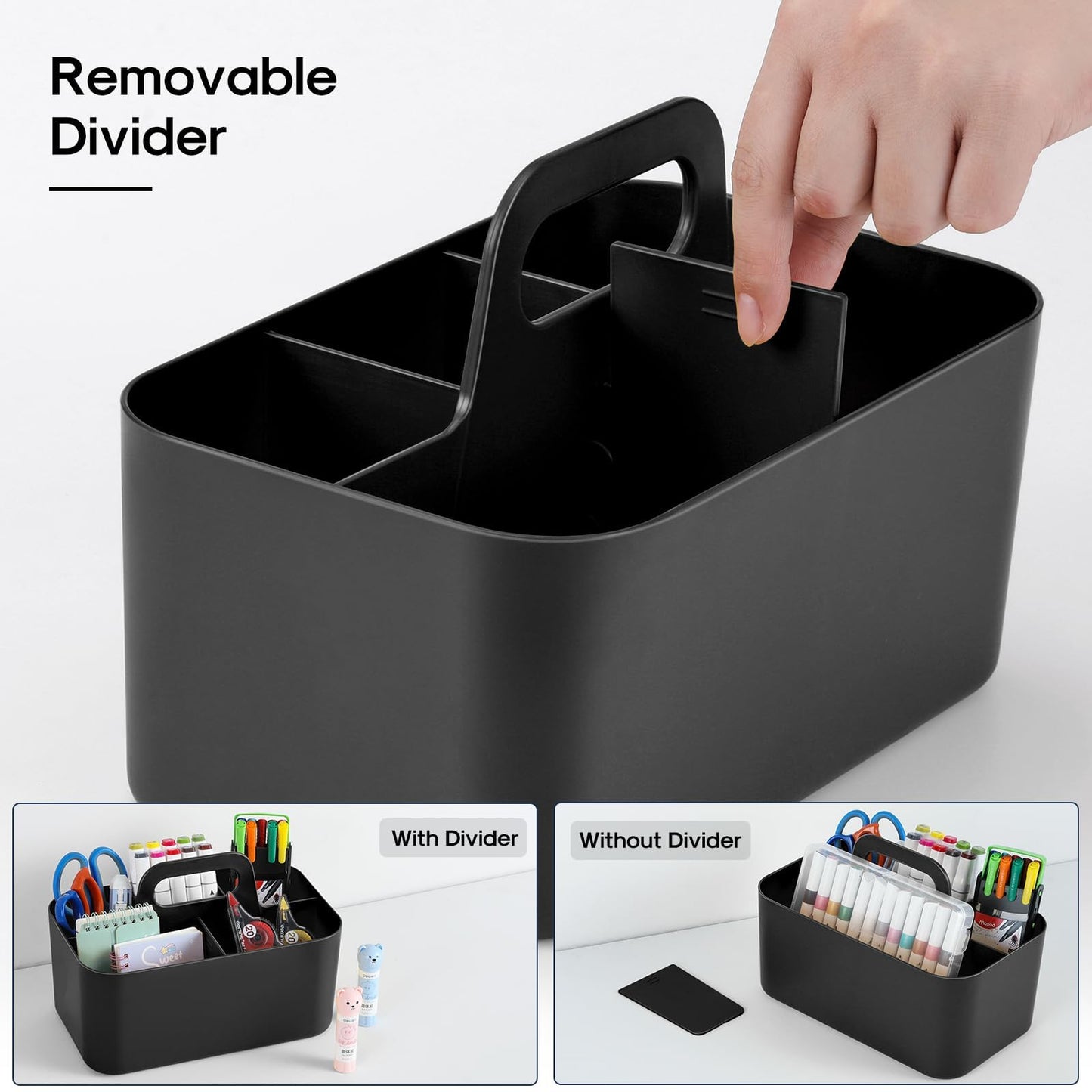 Multiuse Caddy Organizer with Handle, Portable Divided Plastic Tote Bin - Art Craft, Stationary Pen Marker Crayons, Makeup Hair Supplies Storage - Bathroom, Classroom, Dorm, Office, Desk Holder -Black