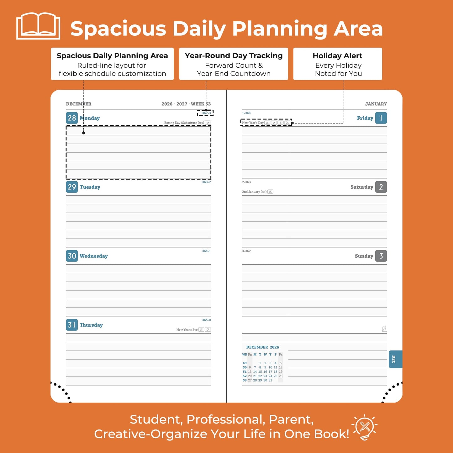 IN-LUXPRO Planner 2026-2027 Daily Weekly and Monthly,6.5"x3.75",18 Months Spiral Bound Calendar Agenda with Self-adhesive Pen Holder,2026 Academic Plan with Vegan Leather Soft Cover,Orange