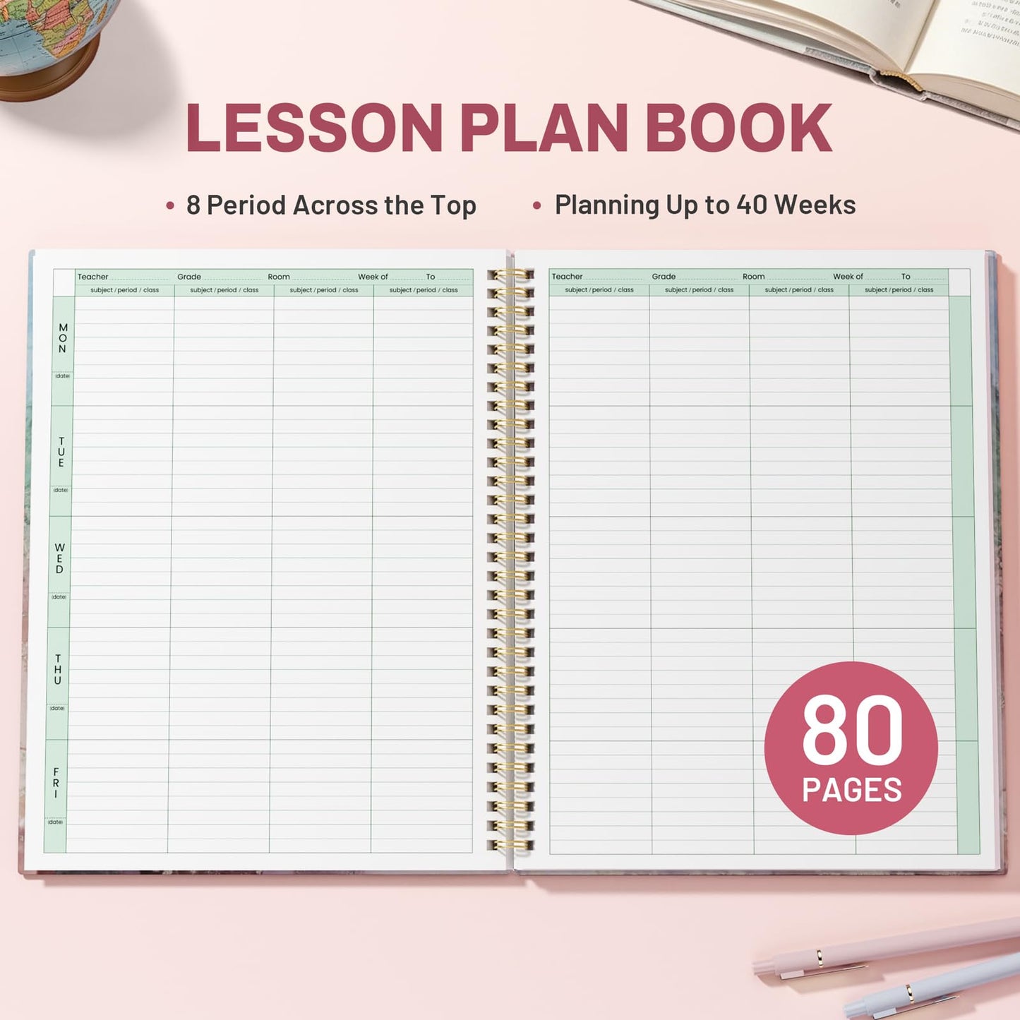 SUNEE 8 Period Teacher Lesson Plan Book - Days Vertically, Undated Teacher Planner 2026-2027 Academic Year, 8.5 x 11 Inch, 104 Pages/52 Sheets (40 Weeks), Waterproof PVC Cover, Back Pocket,Pink Marble